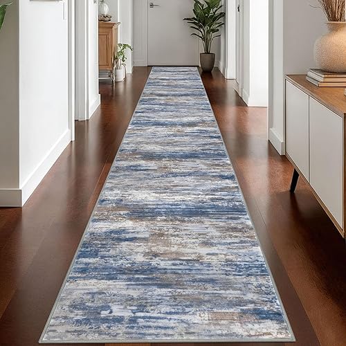 Miniatura 89 de KOZYFLY Alfombra moderna abstracta lavable de 2.6 x 10 pies, antideslizante, suave, alfombra de camino de cocina, alfombra a rayas azules óxido para