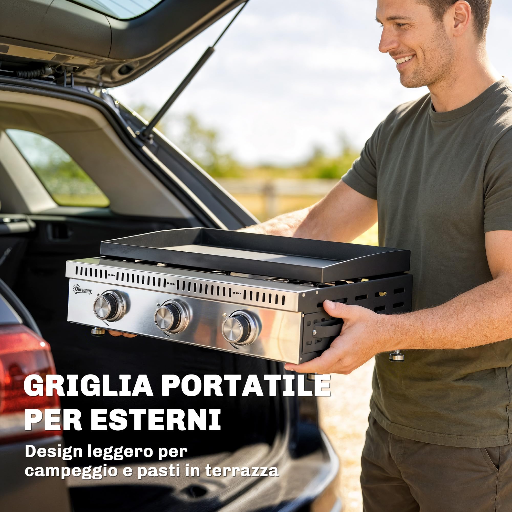 Outsunny Barbecue a Gas Portatile 3 Bruciatori 9 KW Acciaio Inox, Griglia BBQ da Tavolo con Vaschetta Raccogli Grasso, Regolatore, Nero