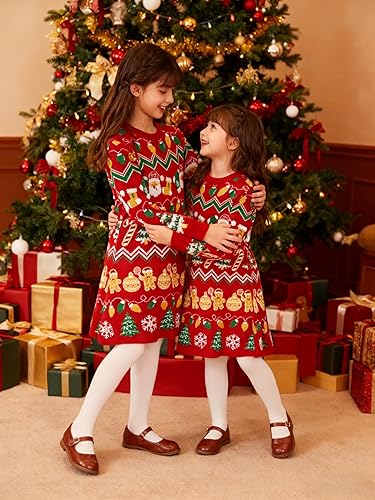 Miniatura 4 de Funnycokid Vestido de Navidad para niñas pequeñas, vestido de suéter de punto de Navidad de manga larga 2-11 años
