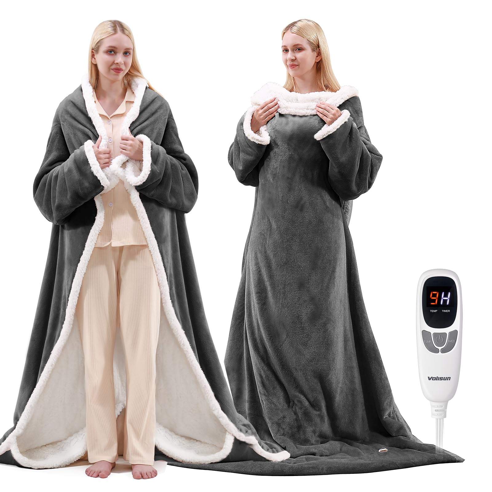 VOLISUN Wearable Heated Blanket with Foot Pocket,Electric Snuggle Throw Blanket with Sleeves,9 Heating Levels & 1-10 Hours Auto Shut Off,50x70 Inch,Grey