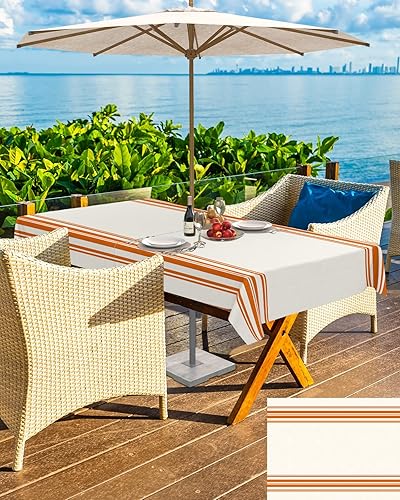 Miniatura 5 de Mantel de otoño para exteriores con agujero para paraguas, mesas rectangulares de rayas naranjas con cremallera, mantel impermeable para patio,