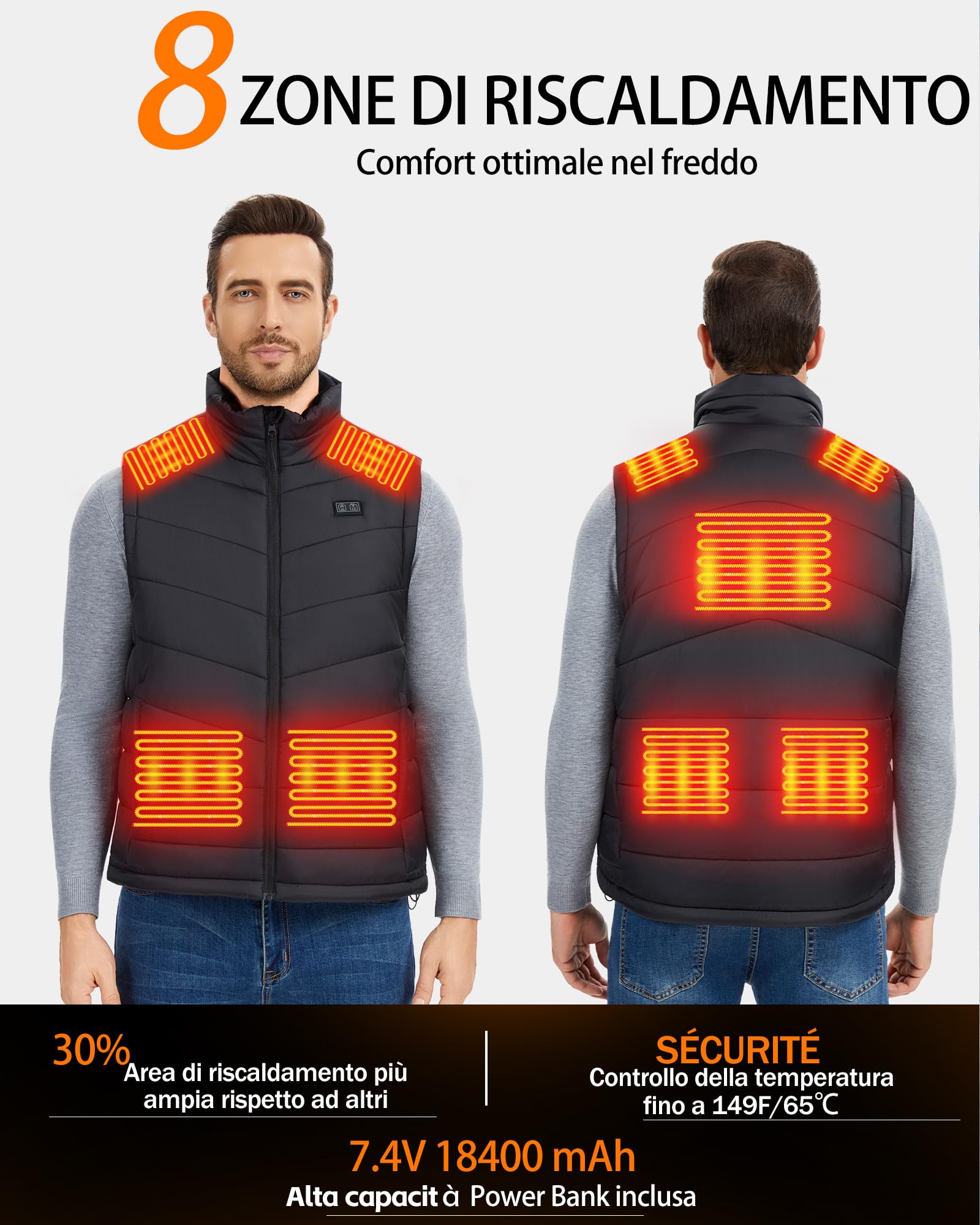 Gilet Riscaldato Uomo con Batteria 7.4V 18400mAh, 8 Zone Calde, Doppio Controllo, Gilet Elettrico Invernale Lavabile per Esterni