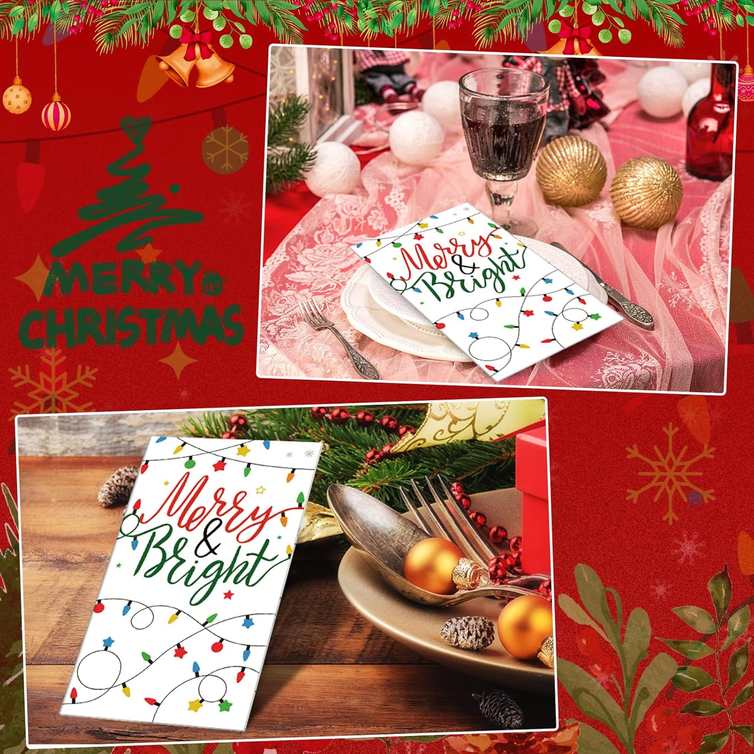 Sherr 200 Packs Christmas Napkins Light Christmas Paper Guest Towels 2 Ply Disposable Bathroom Napkins Decorative Paper Hand Towels for Xmas Winter Holiday Party Supplies (4.3 x 7.9 Inch)