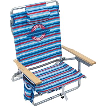 Tommy Bahama Classic Backpack 5 Position Lying Flat Foldable Beach Chair Aluminium Red White Blue Stripe