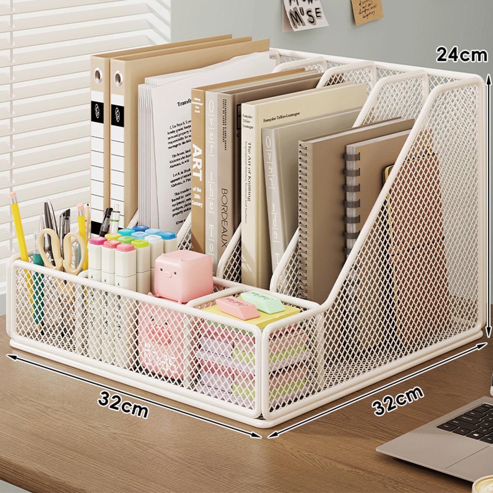 Organizer per documenti in metallo A4, 5 scomparti verticali per riviste, organizer da scrivania con portamatite per ufficio, scuola(White)