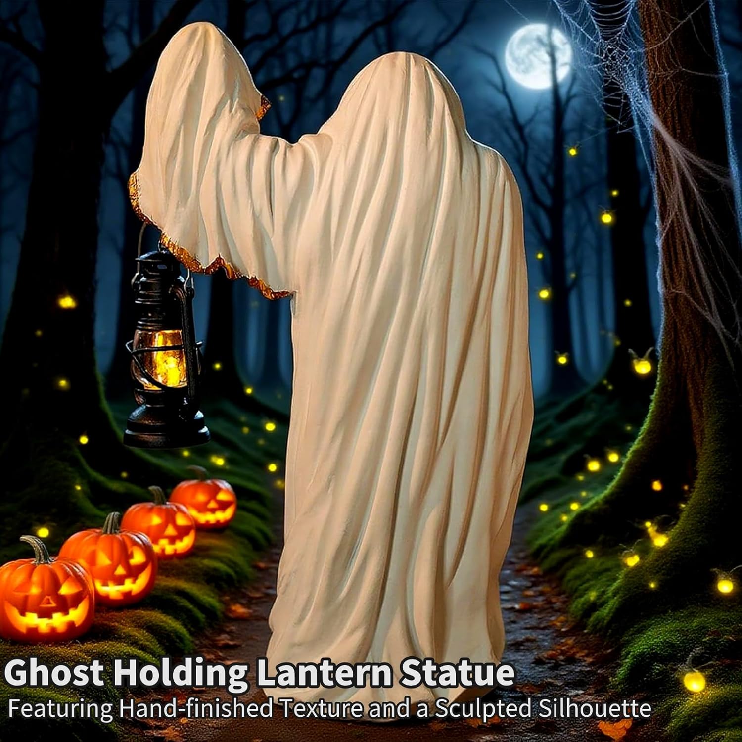 Light Up Ghost Wizard Holding Vintage Lantern Statue, Halloween Light Witch Ghost Decor Spooky Halloween Party Decoration with Soft Glow, Resin Figurine Lamp for Home, Garden (Black+White)