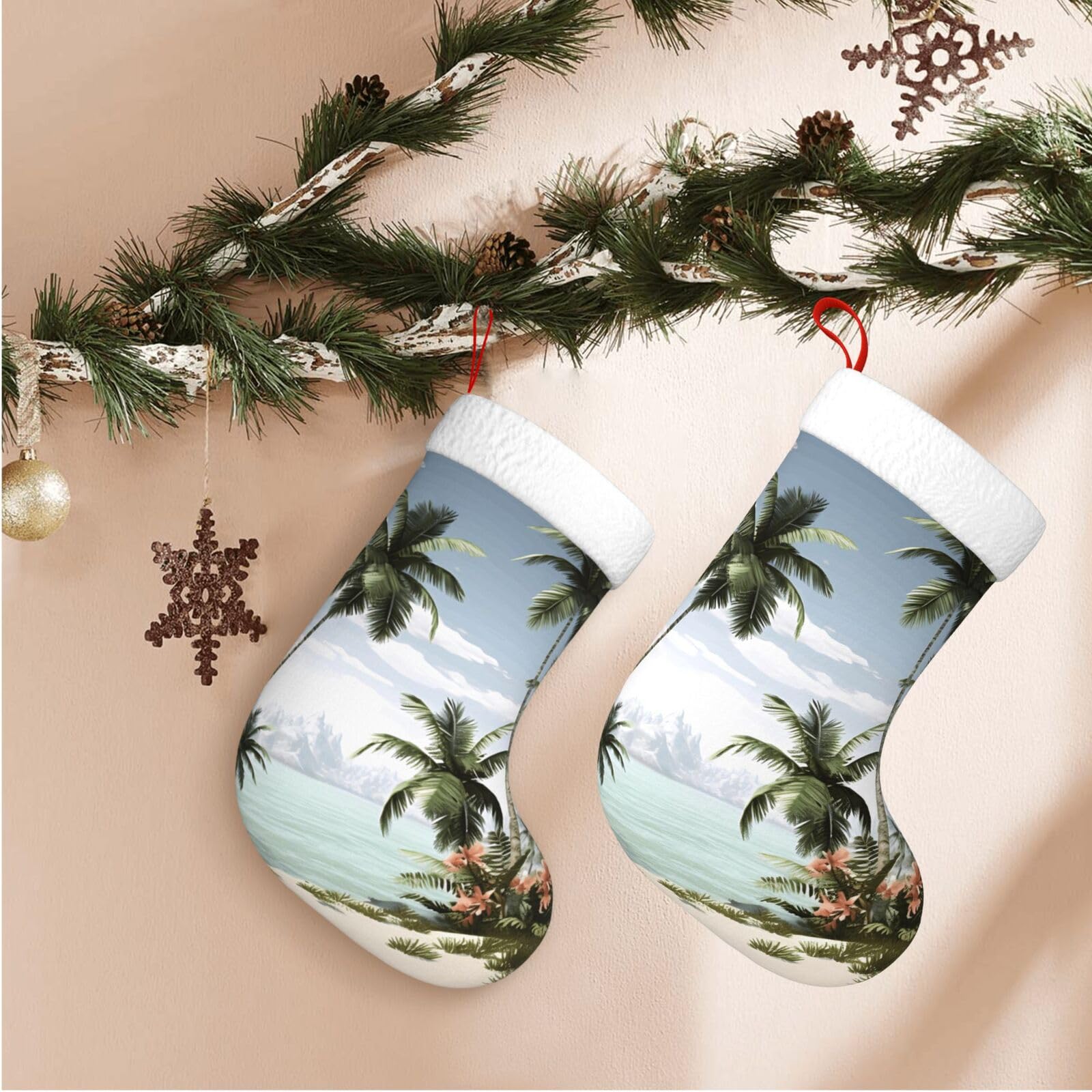 Tropical Palm Trees Christmas Stockings Velvet Xmas Fireplace Hanging Stocking with Plush Cuff Rustic Christmas Santa Stockings for Home Christmas Decorations Party Favor Supplies