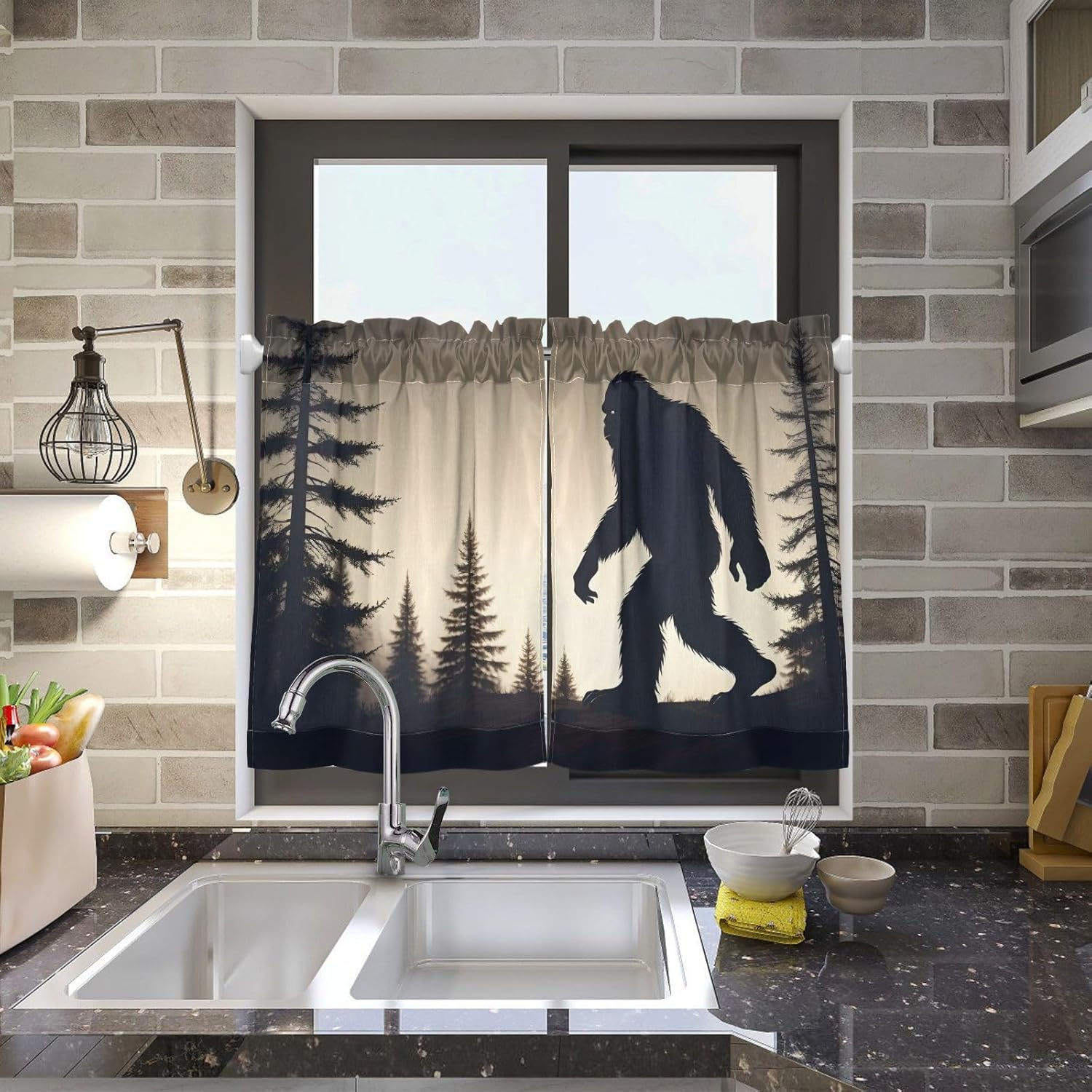 Kitchen Window Curtains Semi Sheer Silhouette of Sasquatch Print for Bedroom Bathroom Kitchen RV Protection, Half Window Shade 27×36 in per Panel