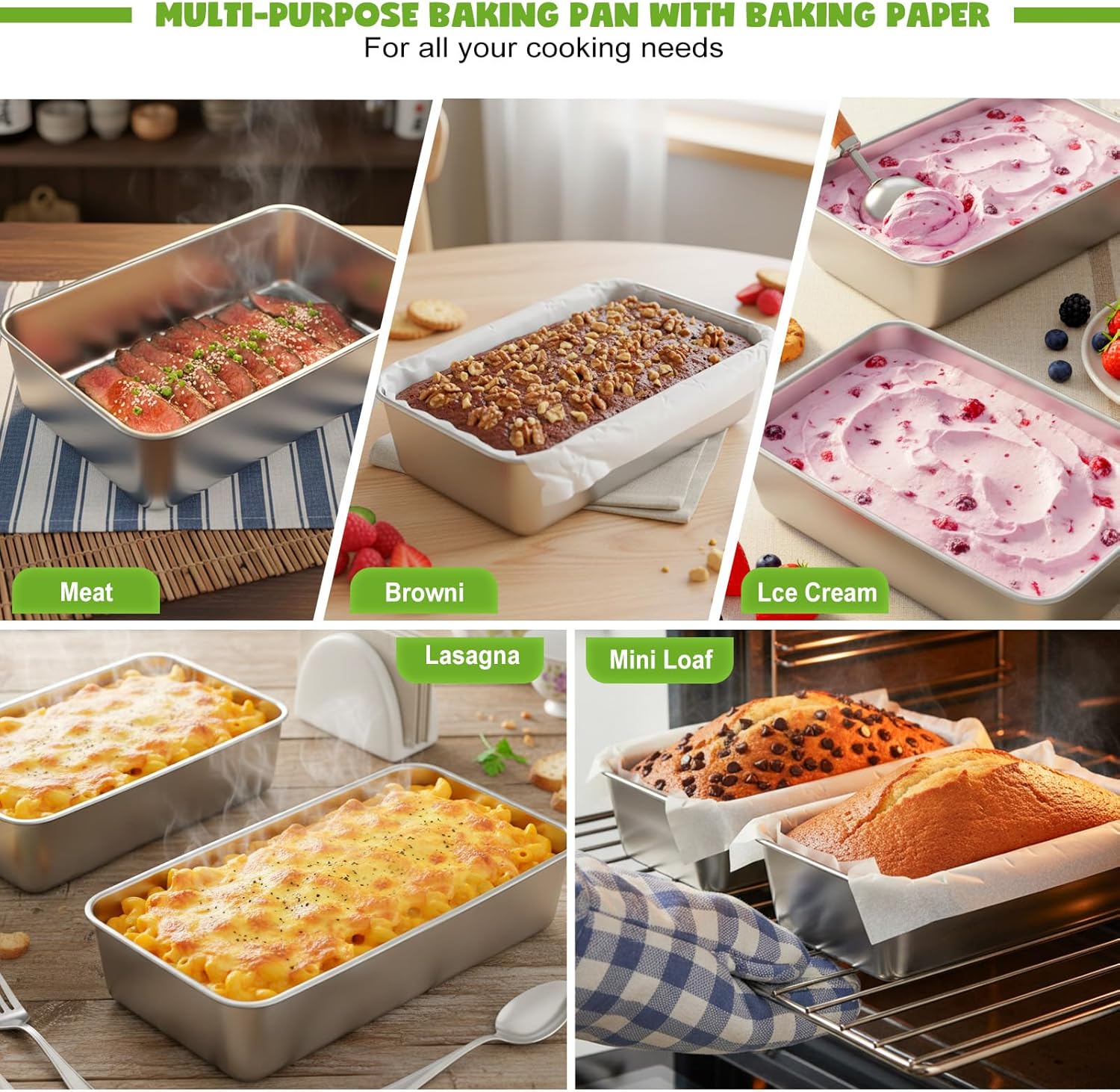 4 Packs 8.8×5.9 Inch Loaf Pans for Baking Bread, 304 Stainless Steel Loaf Bread Pan with Parchment Paper Liners, Metal Bakeware for Bread, Meatloaf, Cake Brownies, Easy Release, Oven & Dishwasher Safe