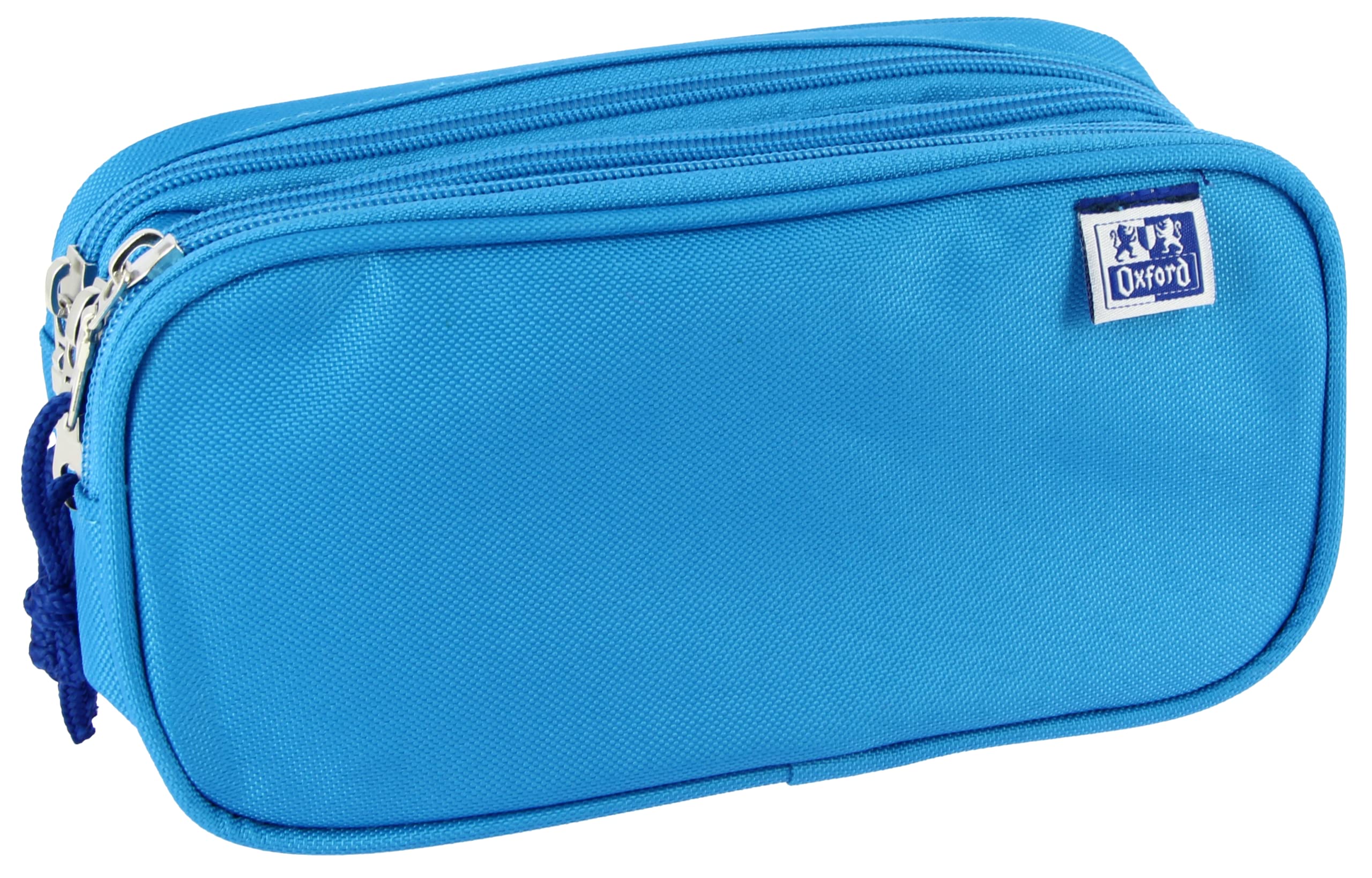 Oxford, School Pencil Case 3 Compartments, Elastic Rubber, 3 Zips, Turquoise Blue