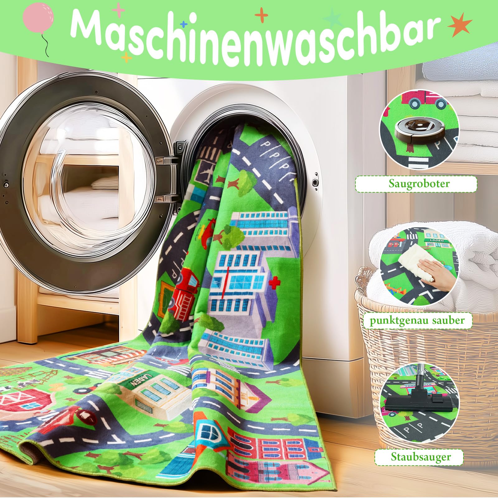 Rezutan Spielteppich Straße Kinder, Kinderteppich Spielzimmer 140X200cm | Kurzflor Waschbar & Rutschfest Teppich für Kinderzimmer Klassenzimmer, Spielzimmer, Schlafzimmer Spielteppich für Kinder