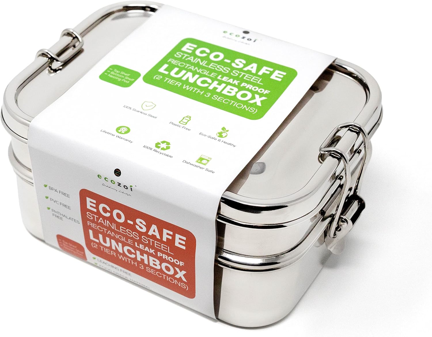 Stainless Steel Lunch Box, Leak Proof, 2 Tier Rectangle with Bonus Pod & 3 Sections | Bonus Silicone Band to Convert to 3 Section Lunch Box for Portability