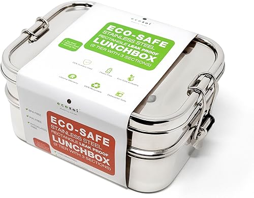 Miniatura 7 de ecozoi Lonchera de acero inoxidable, contenedor apilable de 3 niveles a prueba de fugas, convertible a 1 nivel, con recipiente para salsa y banda de