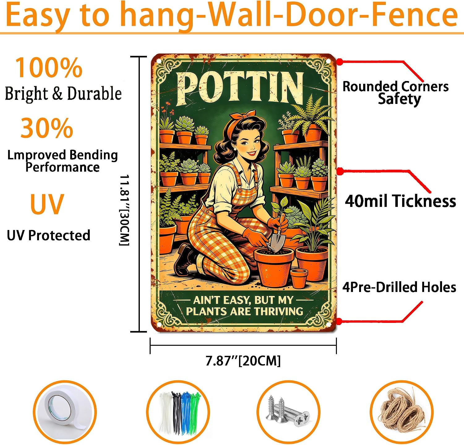 Funny Metal Sign "Pottin Ain't Easy,But My Plants are Thriving" Women's Garden Gift for Yard, Backyard, Patio & Porch Decor, 12" x 8" Vintage Metal Sign for Outdoor Garden Decor Plant Lovers image 5