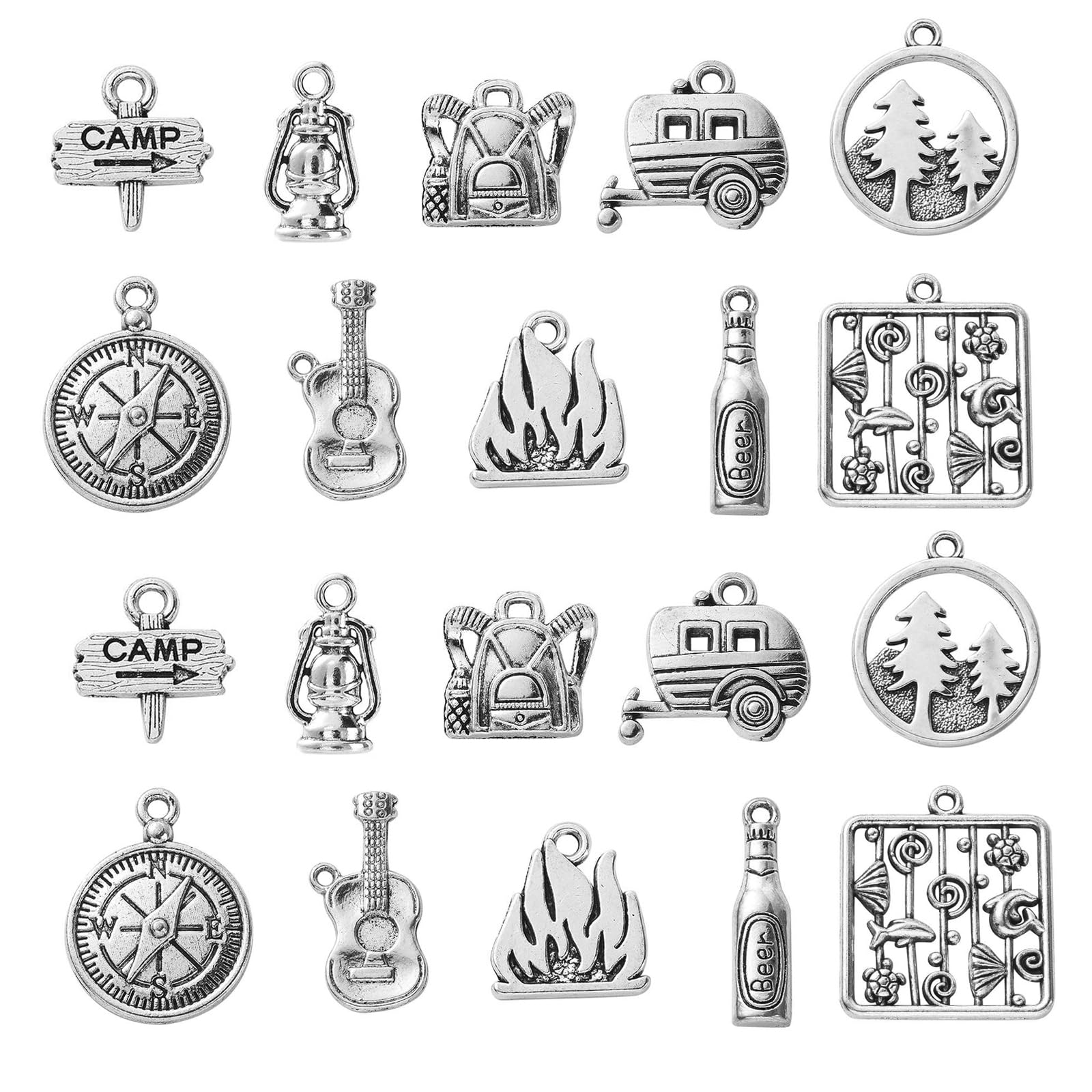 Stiesy 100Pcs 10 Styles Tibetan Silver Camp Charms Vintage Compass Guitar Pendant Charms Antique Travel Camping Van Charm for DIY Bracelet Jewellery Making