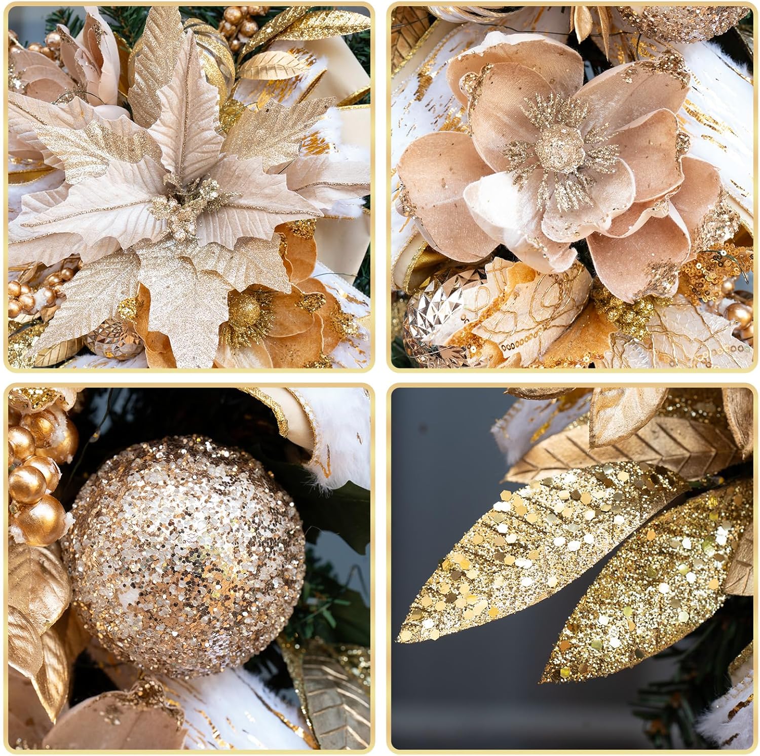Pinkpuii 32" Christmas Swags with Lights– Large Gold Holiday Christmas Teardrop Swag Wreath with Velvet Ribbon Bow,Ball Ornaments,Flowers & Pine Needles for Front Door Fireplace Porch,Wall Decor