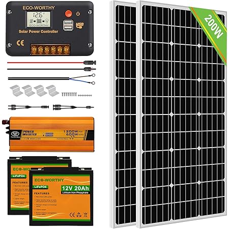 Amazon Com Eco Worthy Solar Power System For Rv Off Grid Solar Panel Kit With Battery And Inverter 2pcs 100w 12v Solar Panel 30a Charge Controller 2pcs 20ah Lithium Battery