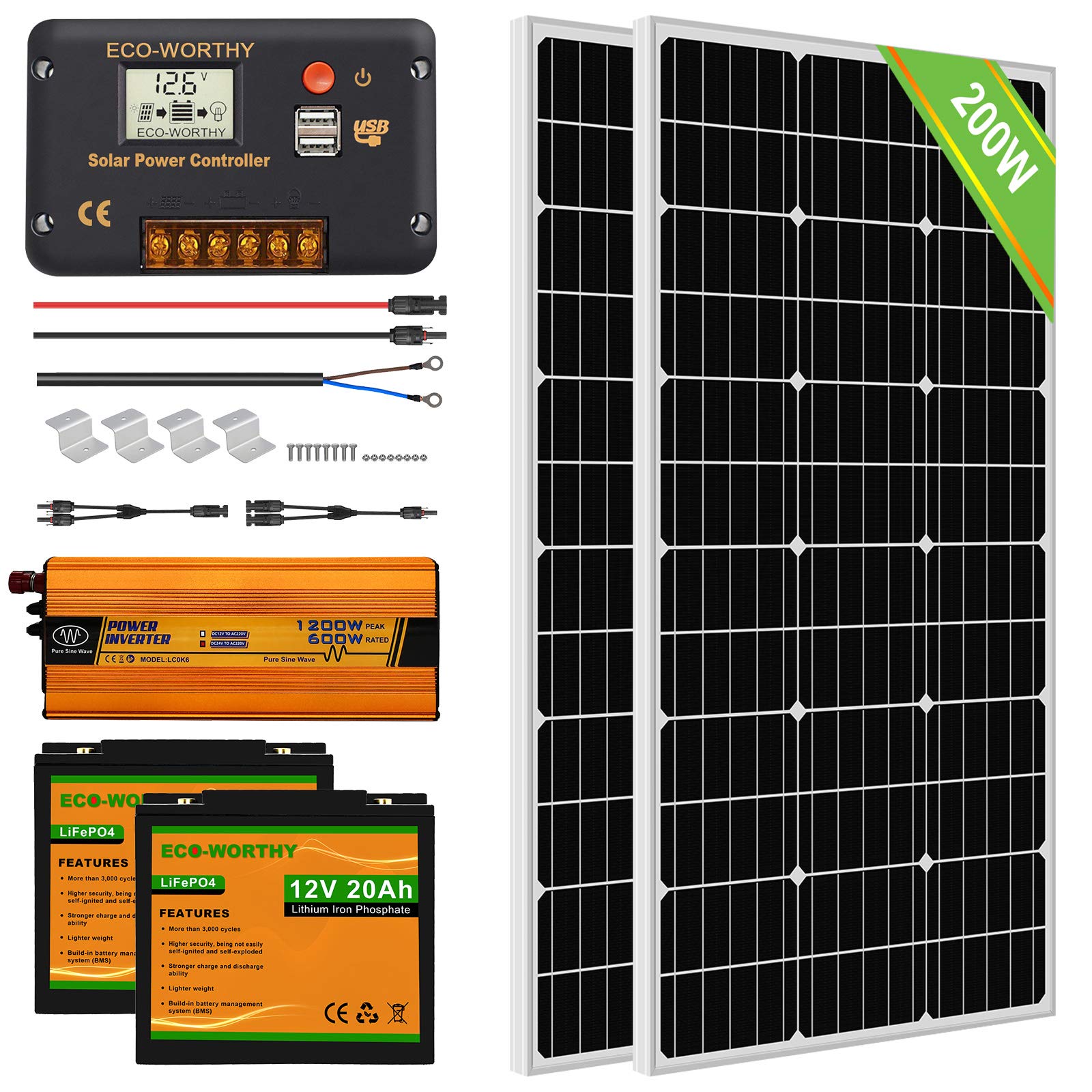 ECO-WORTHY Solar Panel Kit for RV Off Grid Solar Power System with Battery and Inverter: 2pcs 100W 12V Solar Panel + 30A C...