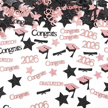 KALOR Black and Pink Glitter Graduation Confetti 2026 200 Pcs Graduation Grad Confetti Table Decorations for Graduation Party Decorations Supplies