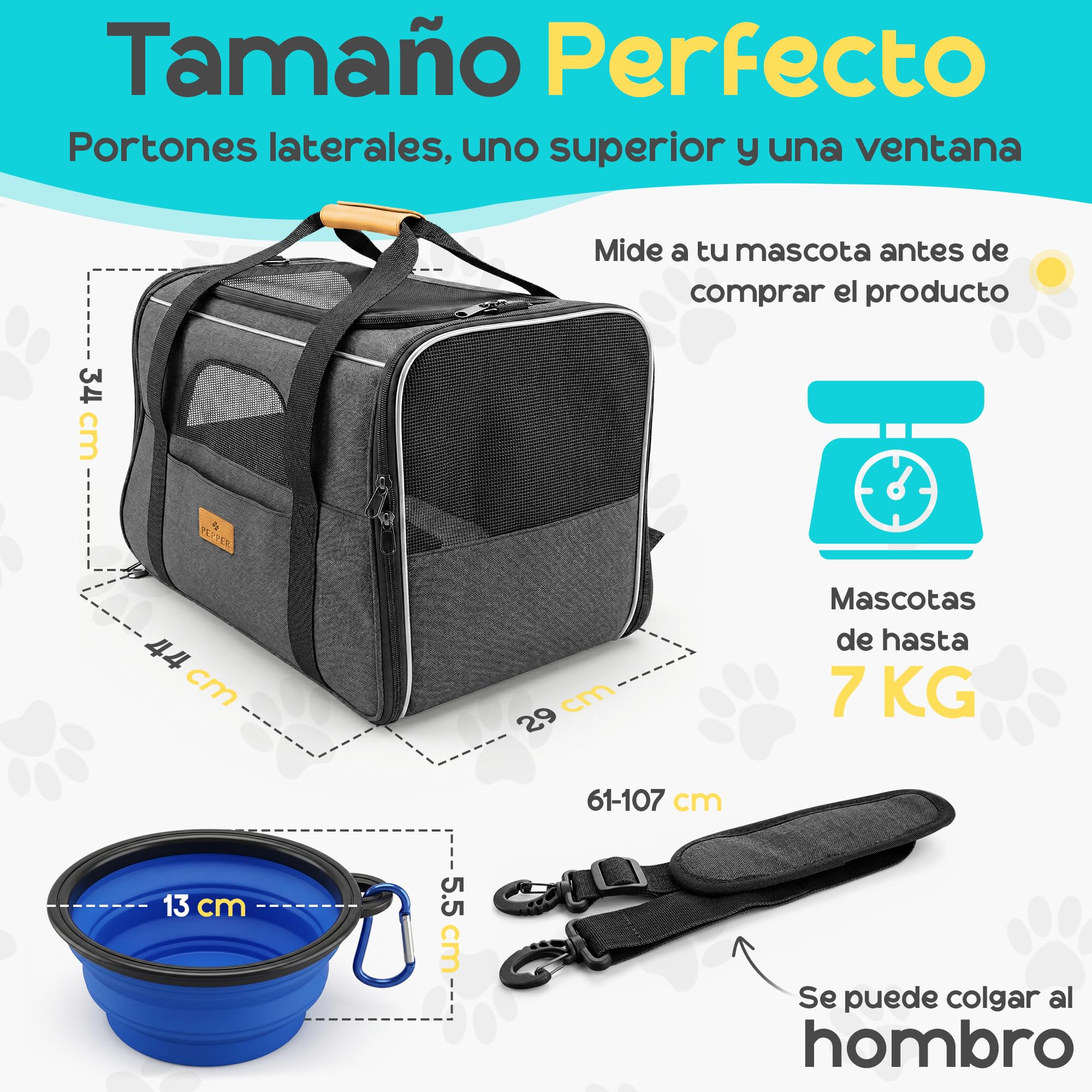 PEPPER® Transportin Gato Perro Pequeño | Bolsa de Transporte Plegable y Transpirable con Ventilación 360º Cómodo y Seguro con Bebedero Plegable, Cojín Suave Lavable y Correa de Hombro Ajustable