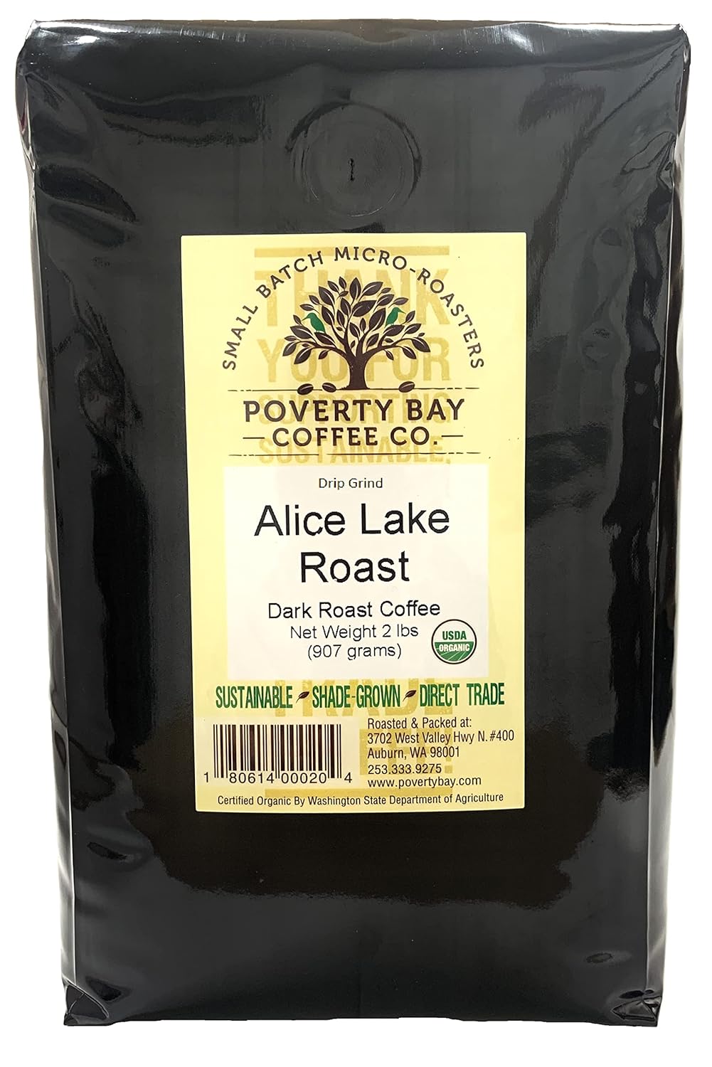 Alice Lake Organic Dark Roast Ground Coffee Beans - Freshly Roasted by Poverty Bay Coffee Company, 2lb Bag