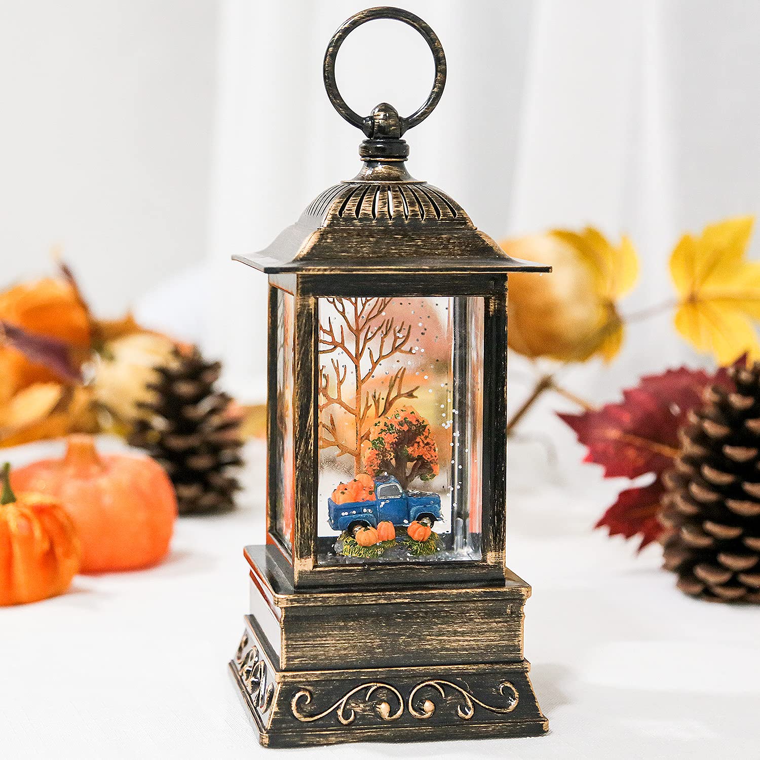 Fall Snow Globes, Blue Truck Pumpkin And Gnome Scene Snow Globes, Glittering Lantern With Timer, Snow Globe Lantern B Or Battery Powered For Fall Festival Thanksgiving Day Decor