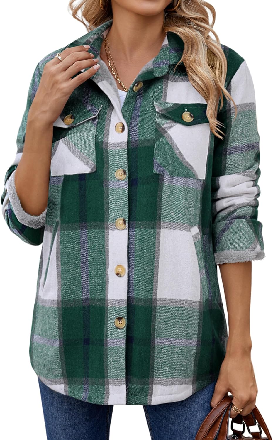 Zeagoo Women's Fleece Sherpa Jacket Casual Long Sleeve Button Down Flannel Shacket Shirt Winter Coat with Pockets