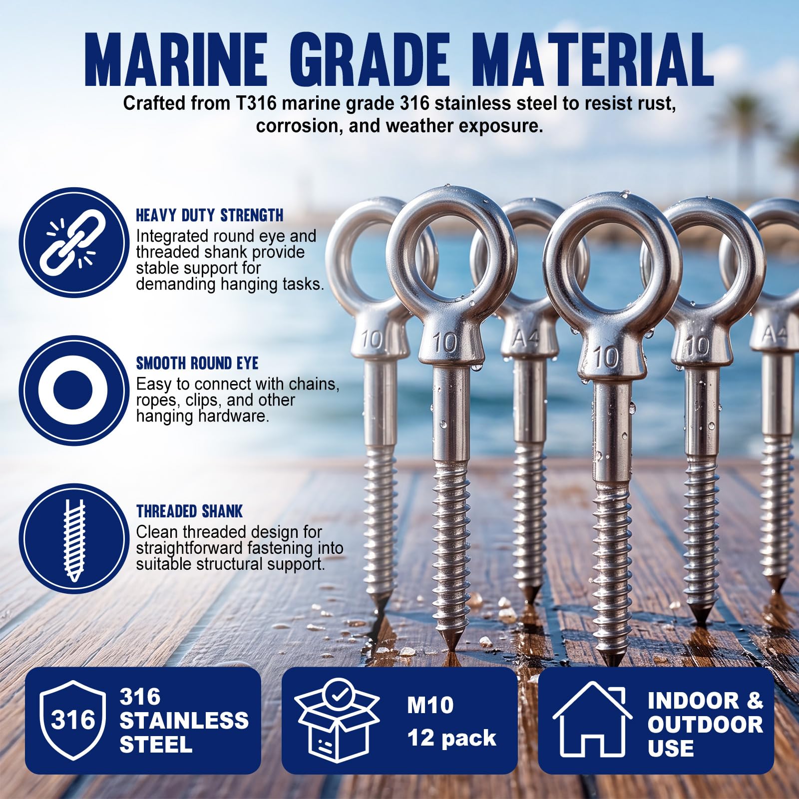 Moxweyeni Paquete de 12 pernos de ojo de acero inoxidable M10 316 para colgar y asegurar ganchos de ojo resistentes, tornillo de grado marino para hamacas, columpios, patio, uso interior y exterior