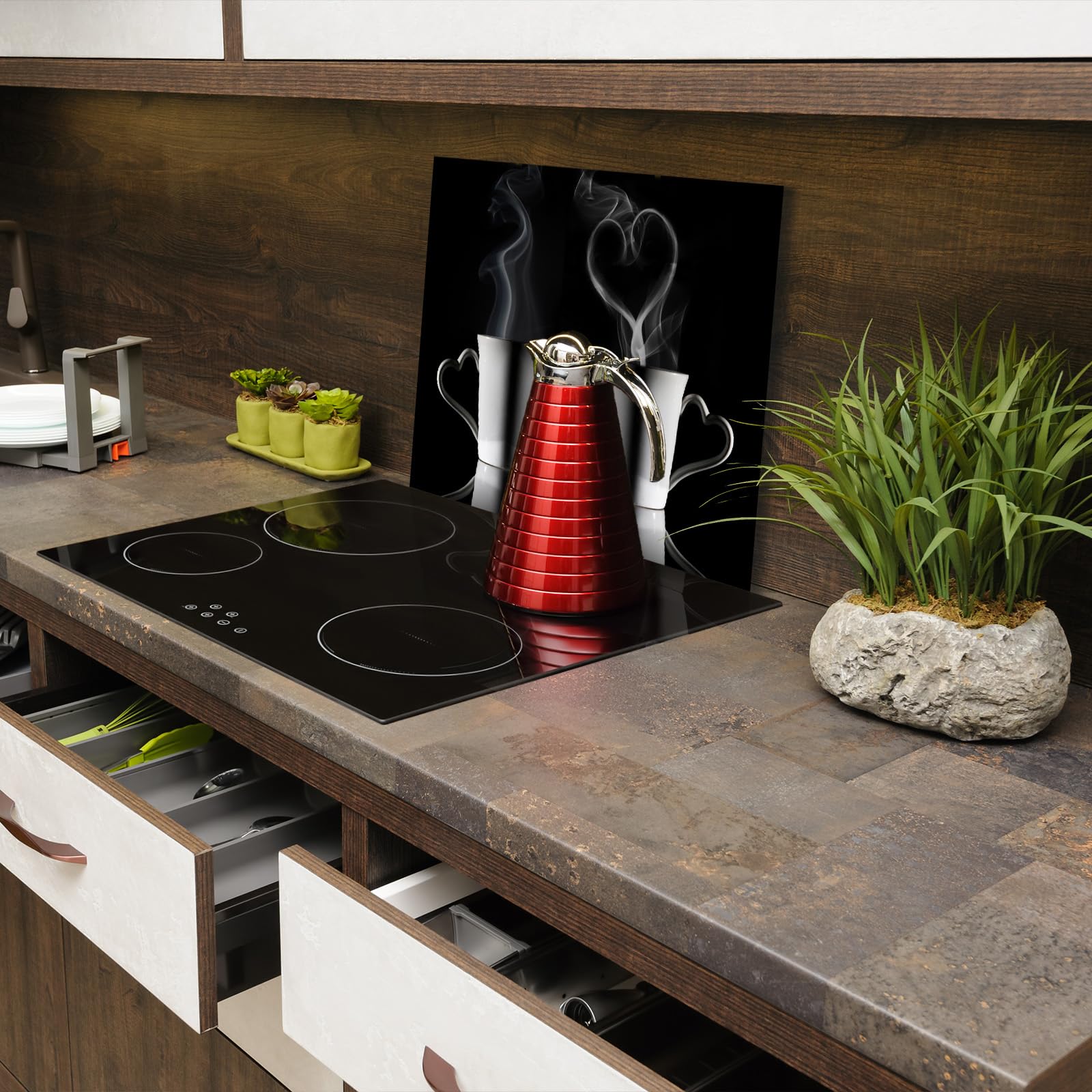 SmartDecoration Płyta ochronna na kuchenkę ze szkła 70 x 52 cm jednoczęściowa motyw "kawa" czarna (101820)