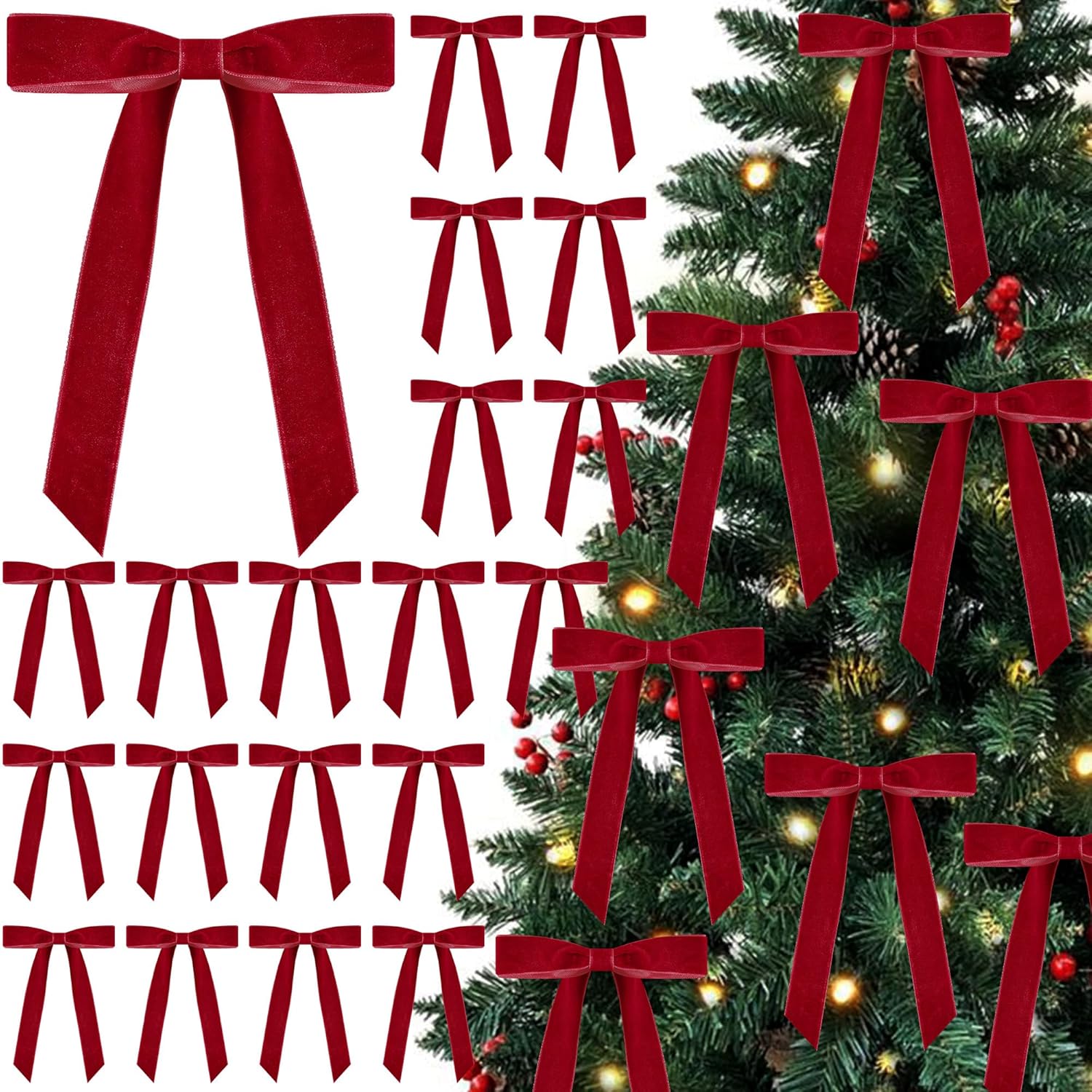 Curvier 25 Pcs Velvet Christmas Bows for Xmas Tree, Door, Gift, Staircase Decor, Vintage Wreath Bow Christmas Tree Ornaments(5x7 Inch,1" Wide) Red