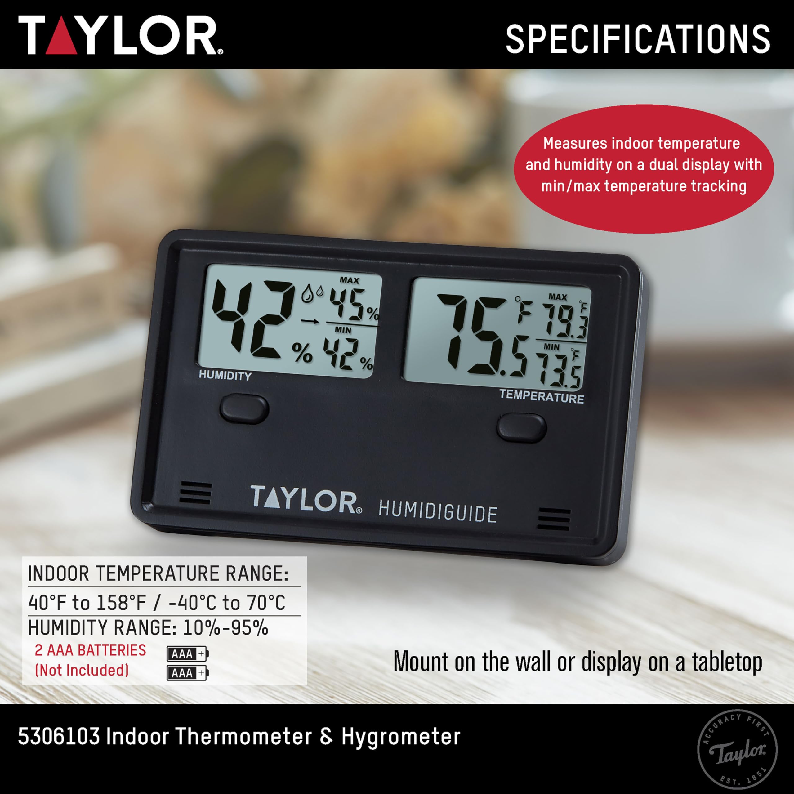 Taylor Termómetro e higrómetro digital inalámbrico para interiores y exteriores, pantalla dual para temperatura y humedad, fácil de leer para el hogar, oficina, invernadero, guardería y áreas