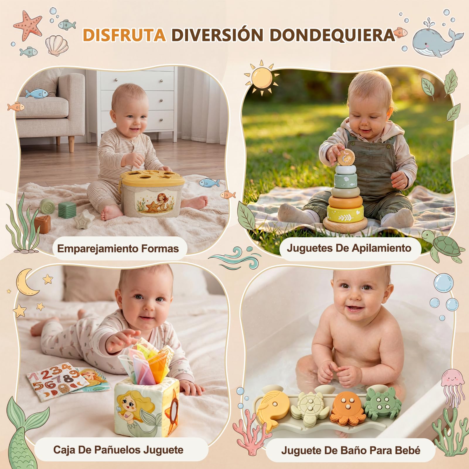 Anook Juegos Montessori Bebe 6-12 Meses, 5 en 1 Juguetes Bebes 6 9 12 Meses Incluir Cubos Apilables Bebe, Juguetes Caja Pañuelos, Juguetes Sensoriales para Niñas Bebés 6-24 Meses Regalo