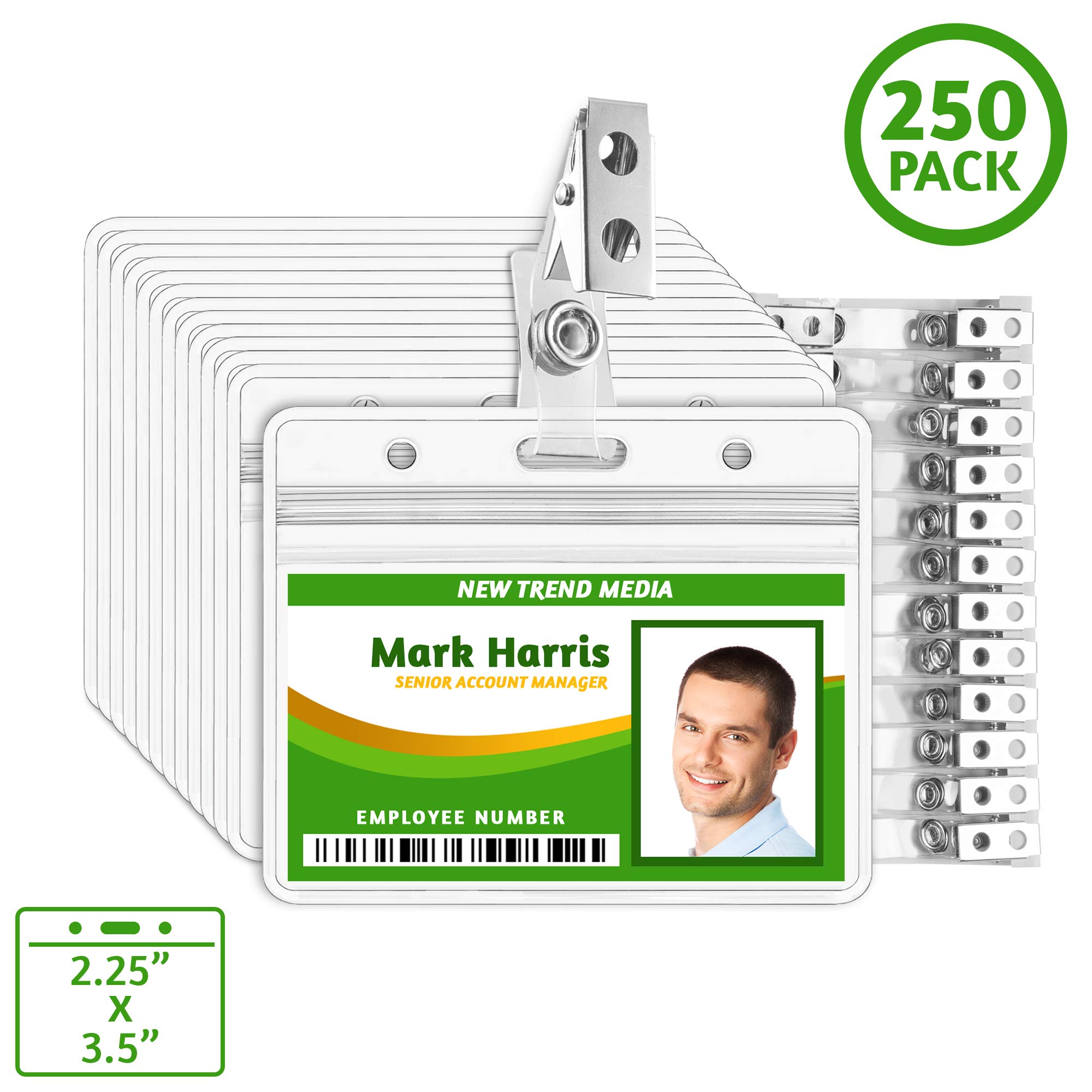 EcoEarth Horizontal PVC ID Badge Holder with Metal Clips & Vinyl Straps with Soft Edge (Sealable Fits 3.5x2.25 inch Inserts) (Clear 250-Pack), Waterproof ID Holder Bulk, ID Card Holder, Name Tag