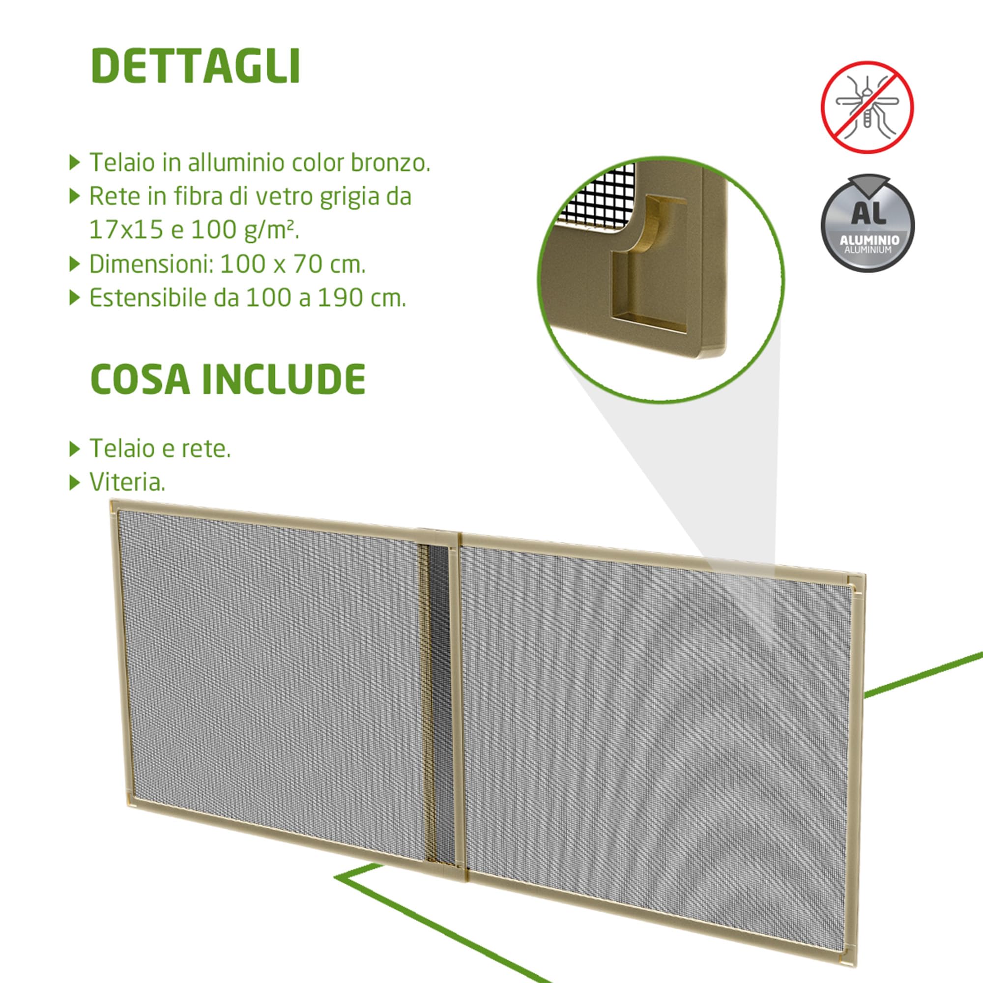 Amig - Zanzariera Estensibile per Finestra - 100 x 70 cm - Telaio in Alluminio Bronzo - Rete in Fibra di Vetro Grigia - Regolabile - Installazione senza attrezzi - Mod. ME01