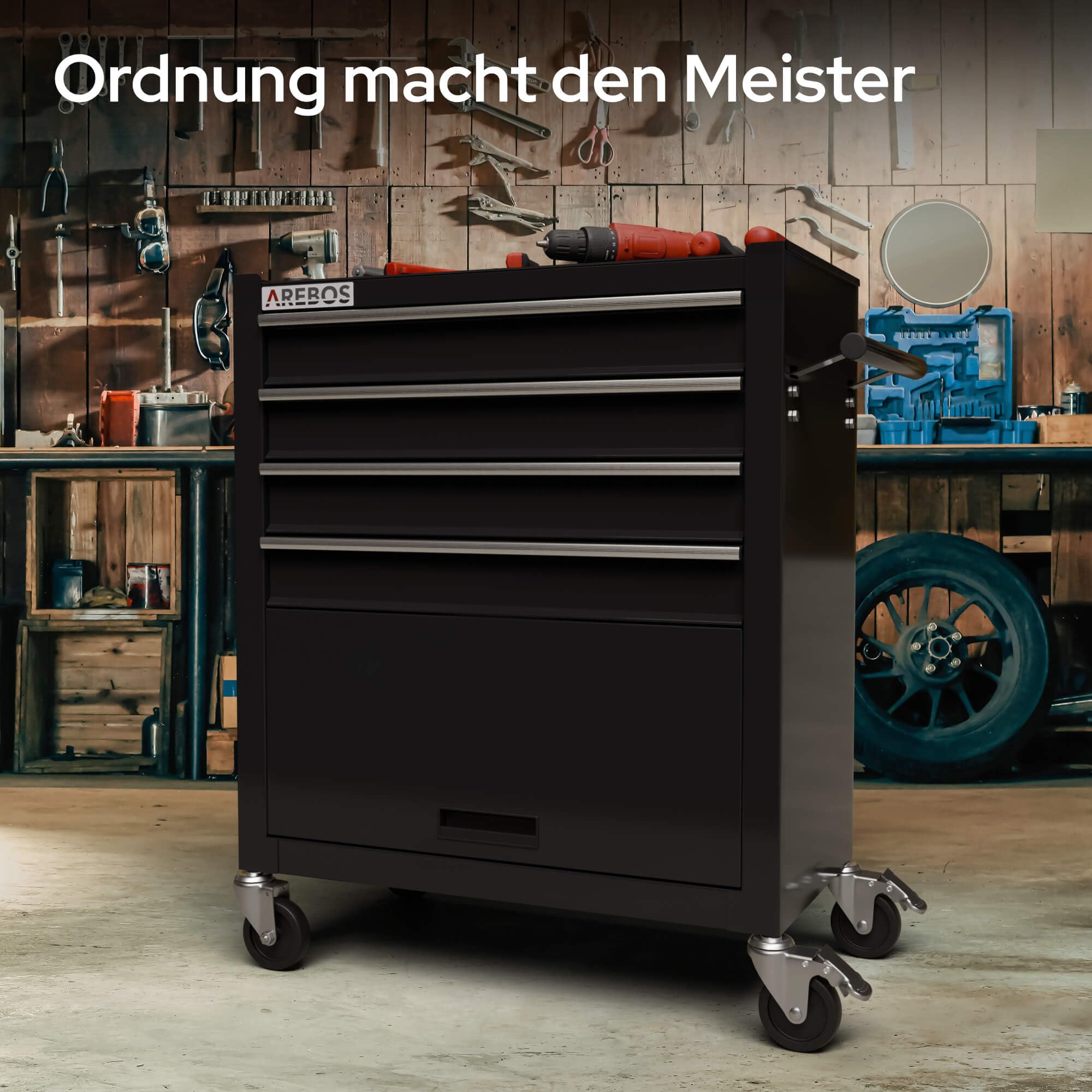 Arebos Werkstattwagen 4 Fächer + großes Fach für Werkzeug Kratzfeste Oberfläche | inkl. Antirutschmatten | kugelgelagerte Schubladen Interlock-System | 2 Rollen mit Feststellbremse | Schwarz