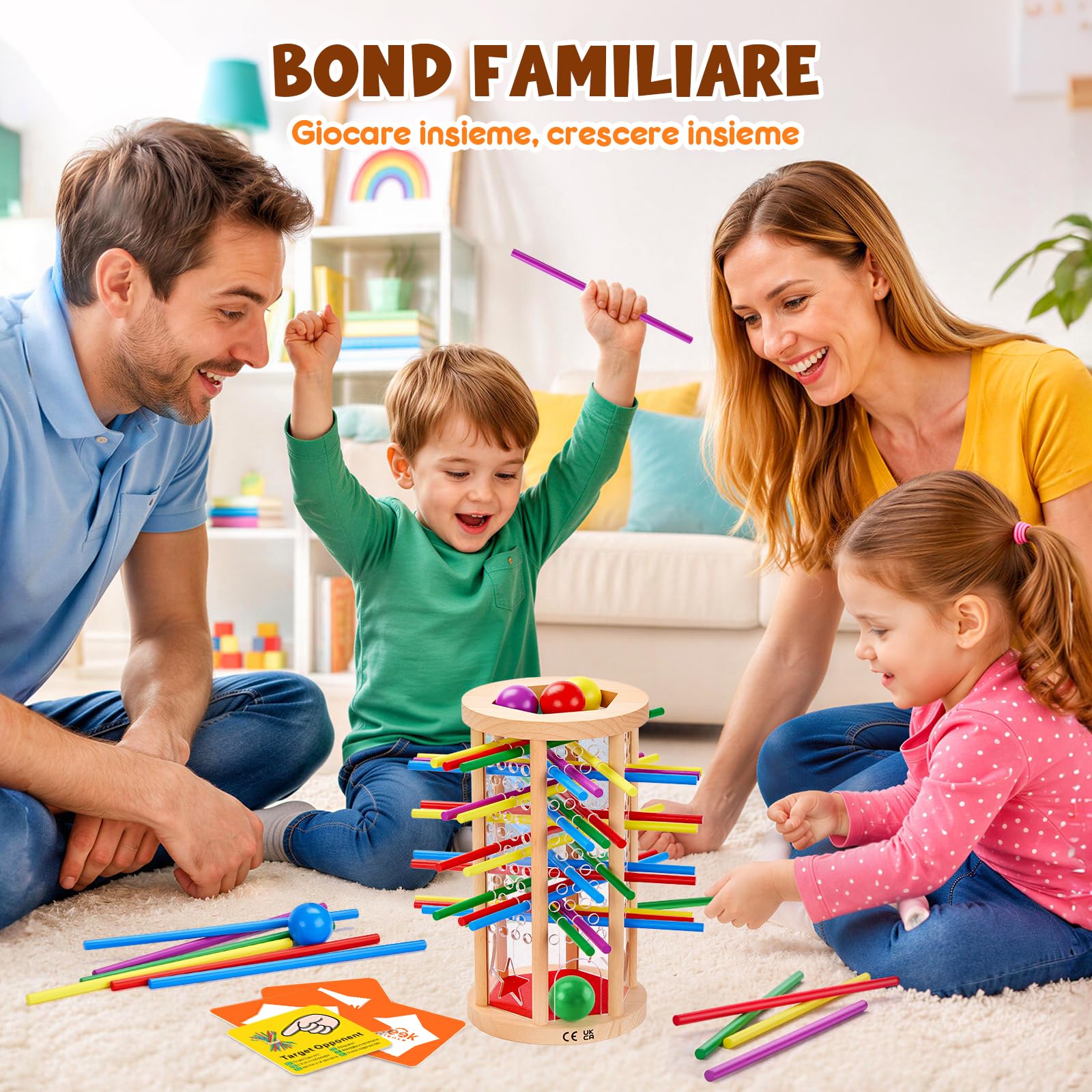 Gioco in Legno Stick Pull con Carte Sfida | Gioco strategia equilibrio legno, gioco da tavolo, gioco familiare senza schermi, gioco bambini 3-10, regalo Natale