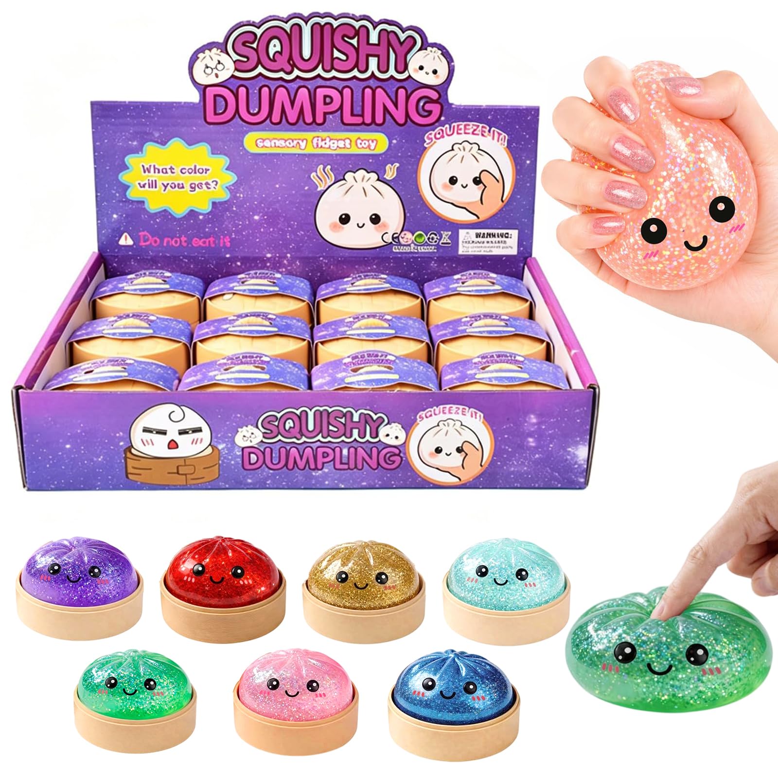 12PCS Glitter Dumpling Squishy, Mini Real Bun Dumplings Stress Relief Set Pack Box, Crazy Fun Balls Toys Fidget Cute Sensory for Anxiety Relief Toy