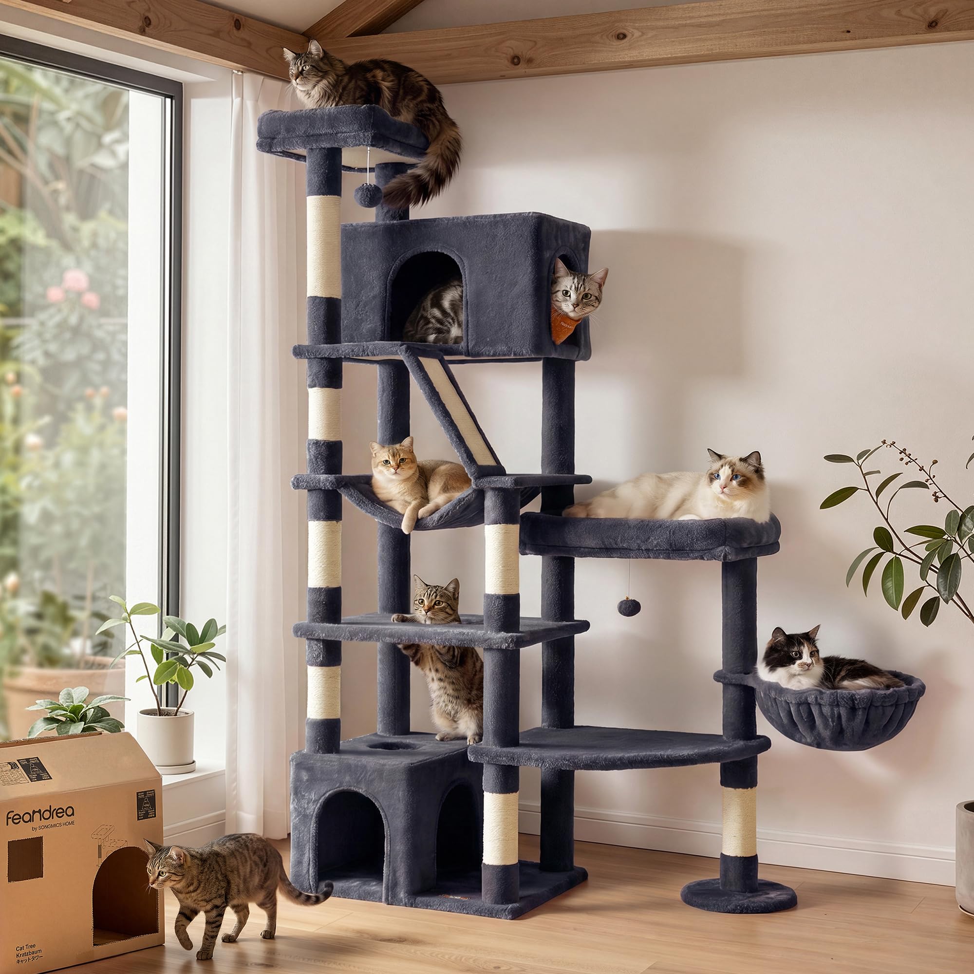 Feandrea Kratzbaum groß, 188 cm hoch, Katzenbaum für Große Katzen, mit 7 Sisalstämmen, 1 Kratzbrett, Doppelhöhle, große Plattform, für Mehrere Katzen, Dunkelgrau, Clawfy Kollektion PCT016G201