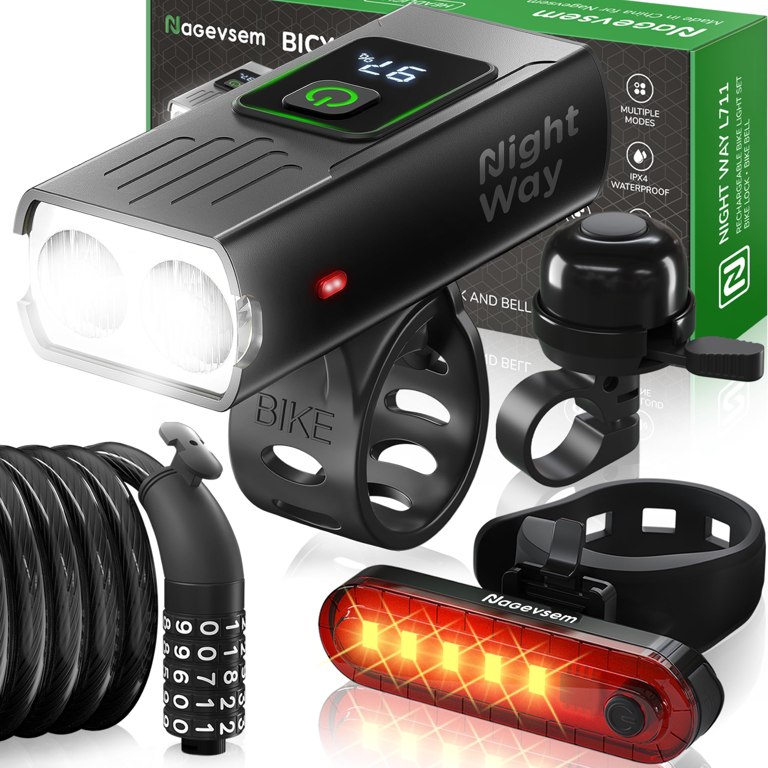 Set di luci a LED super luminose ricaricabili USB-C faro anteriore e posteriore kit per guida notturna in montagna 6+4 modalità di illuminazione, regalo impermeabile per uomini, donne, ragazzi e
