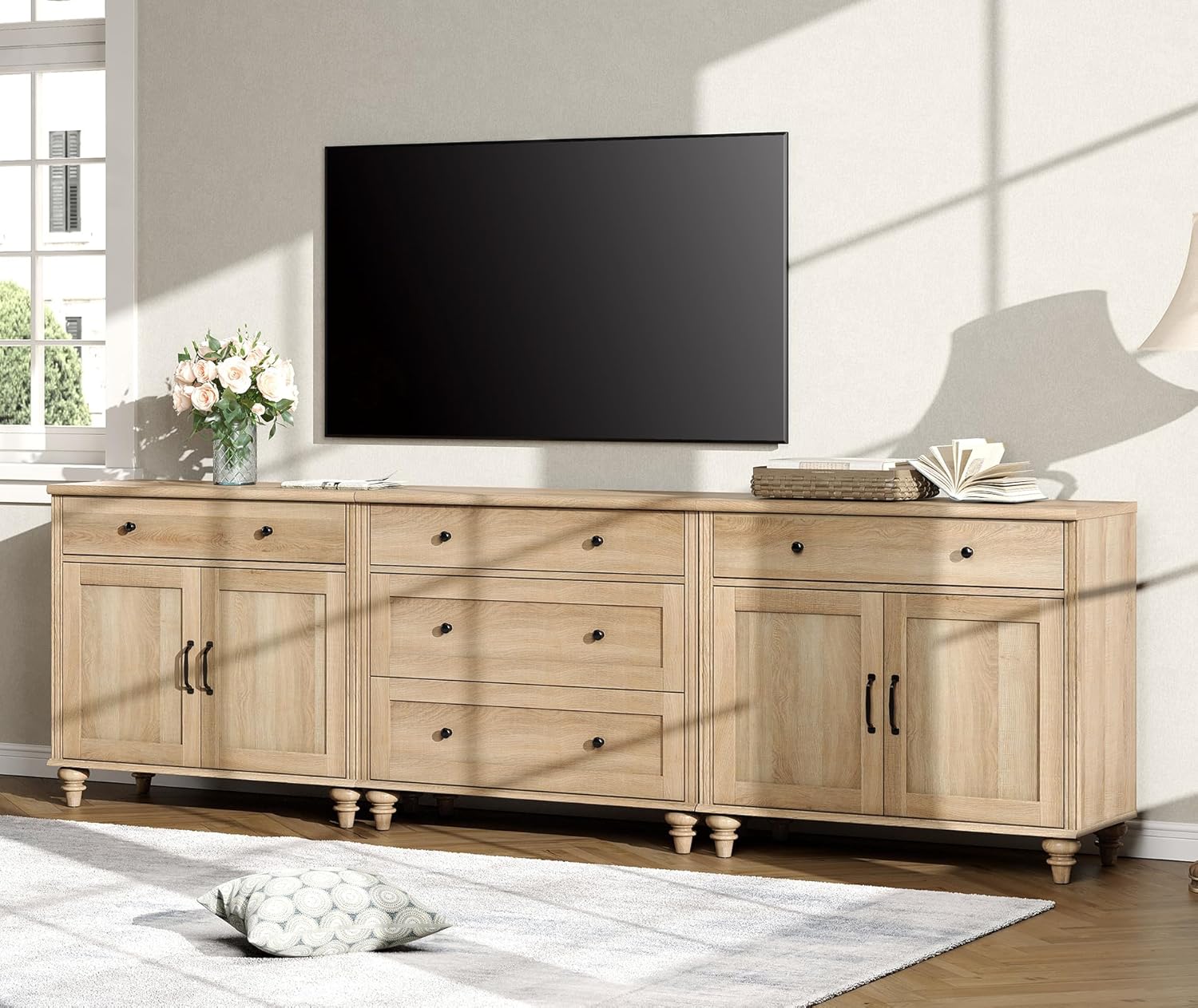 WAMPAT Farmhouse TV Stand for 100 Inch TV, 3-in-1 TV Console Table with 5 Drawers and 4 Doors, Entertainment Center for 75/80/85/90 Inch TV, Kitchen Sideboard Buffet Cabinet for Dining Room, Oak