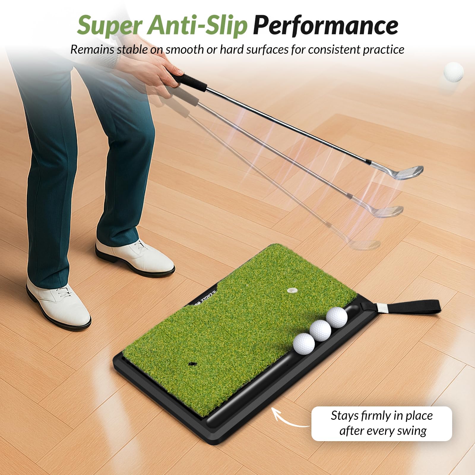 EAGLE WORK 2-in-1 Golf Hitting Mat with Integrated Ball Tray, Heavy Duty Non-Slip Golf Practice Mat, 2 Replaceable Turfs, Golf Training Mat for Swing and Chipping Practice Indoor Outdoor, Golf Gifts