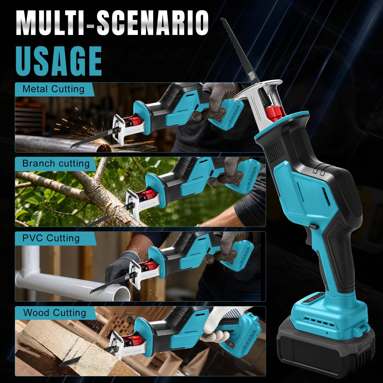 Sierra Sable Inalámbrica con 4 Hojas para Makita 18V (sin Batería) | 600W, Sierra Sable sin Escobillas, con Luz LED, Maletín, para Cortar Madera y PVC
