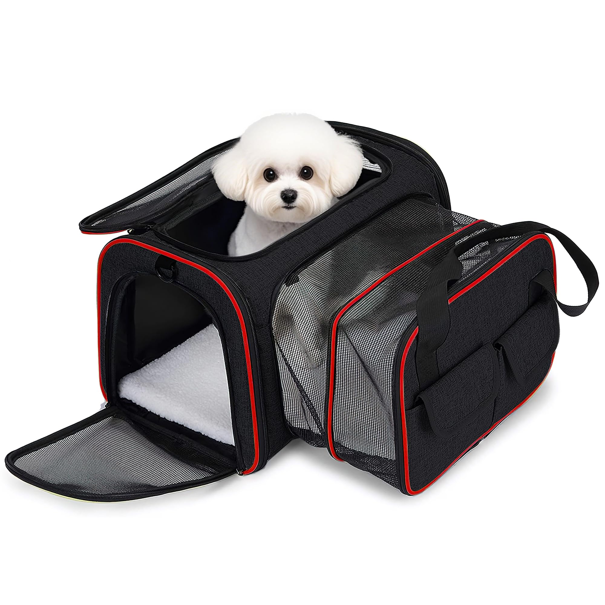 ALLSOPETS Transportín Gato Perro Extensible, Bolsa de Transporte para Mascotas Plegable Transpirable con Colchón Suave para Coche Avión Viaje Tren (Negro, L)