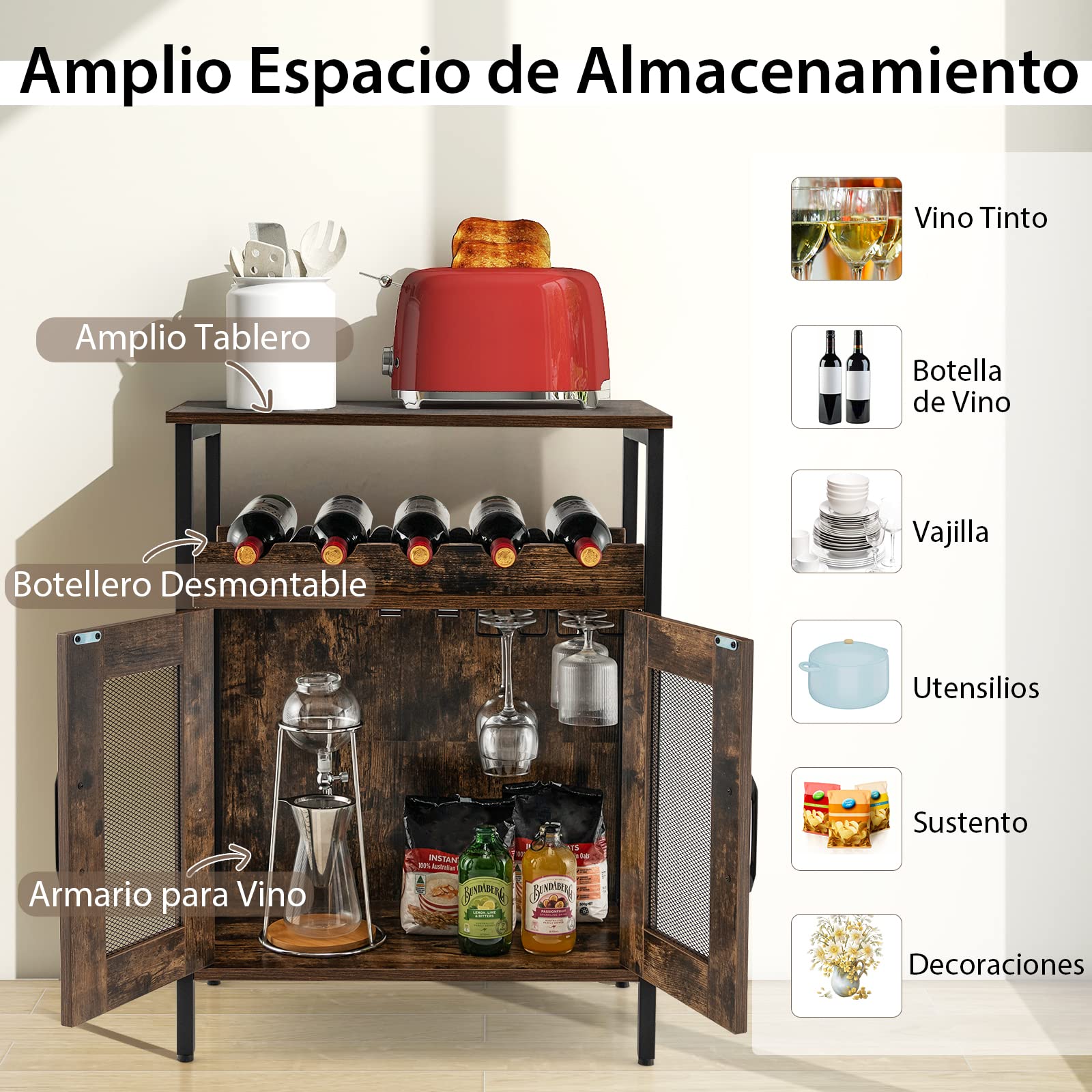 COSTWAY Armario Bar de Vinos, Armario para Licores en Casa con Estante Extraíble para Vinos y Portavasos, Armario Bar de Café con Almacenaje, Aparador Industrial con Puertas para Cocina (Café)