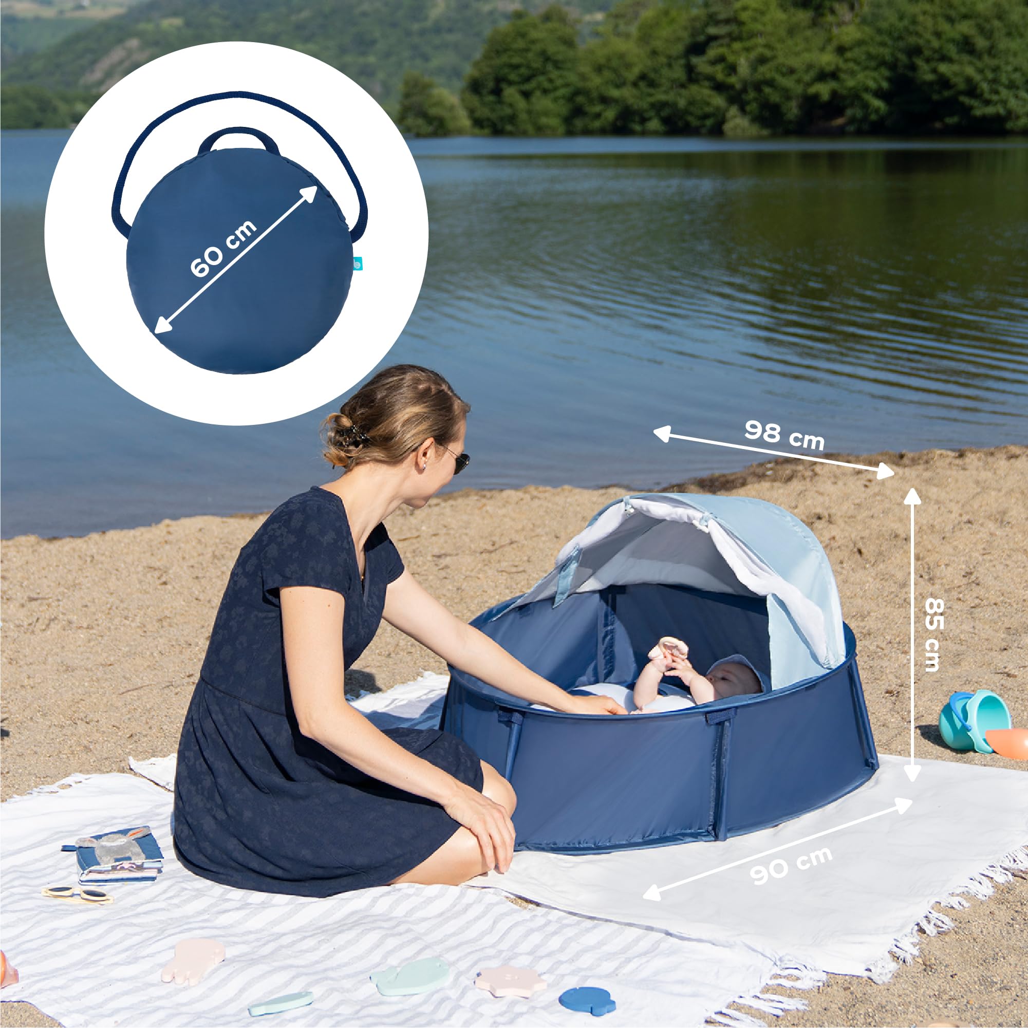 Babymoov Babyni Aire de Jeux Anti-UV FPS 50+, 2en1 Aire de Jeux & Lit d'Appoint, Moustiquaire & Auvent Intégrés, Utilisation Extérieure & Intérieure, Simple à Installer, Marinière