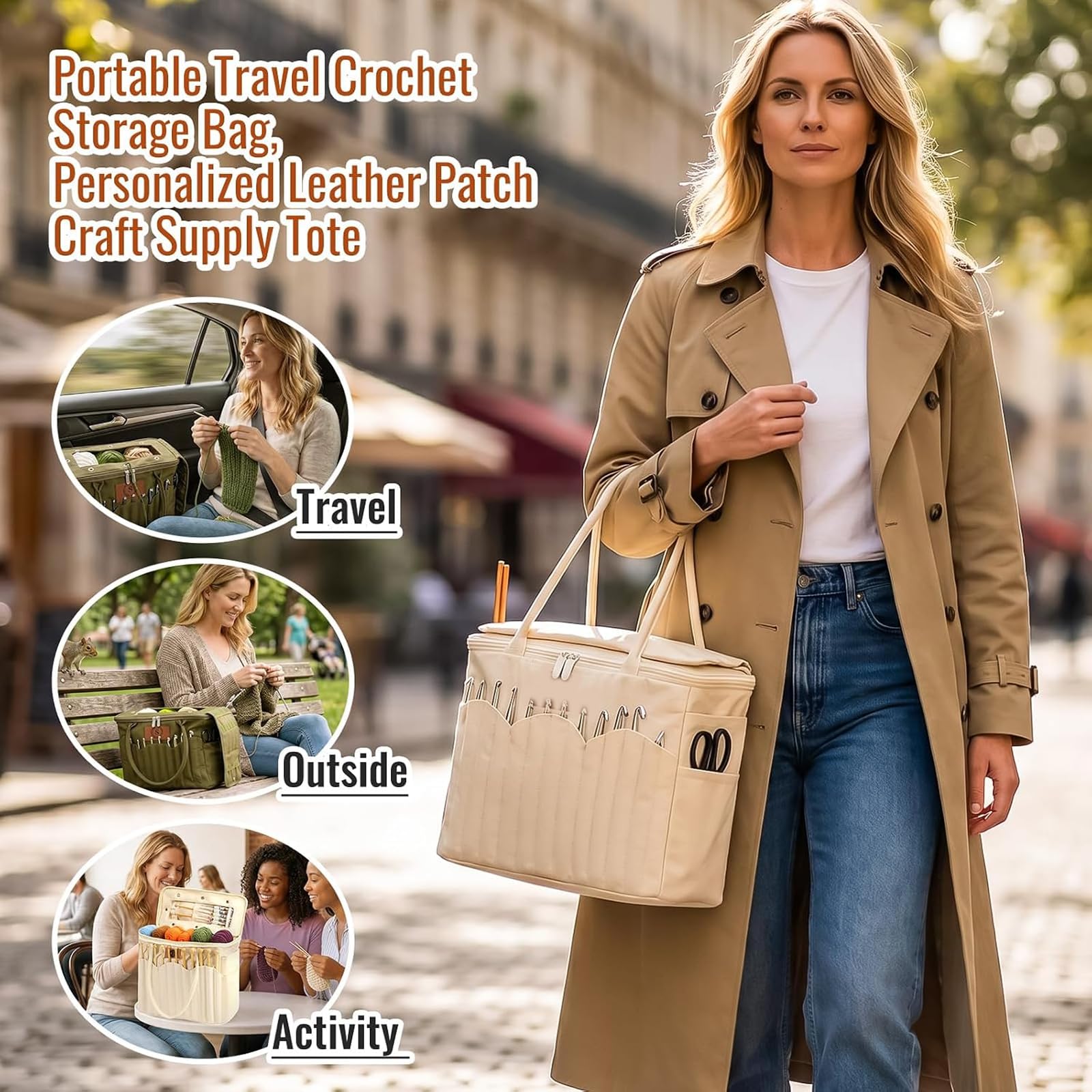 Große Canvas-Garn-Aufbewahrungstasche mit mehreren Taschen und Garnlöchern (Green)