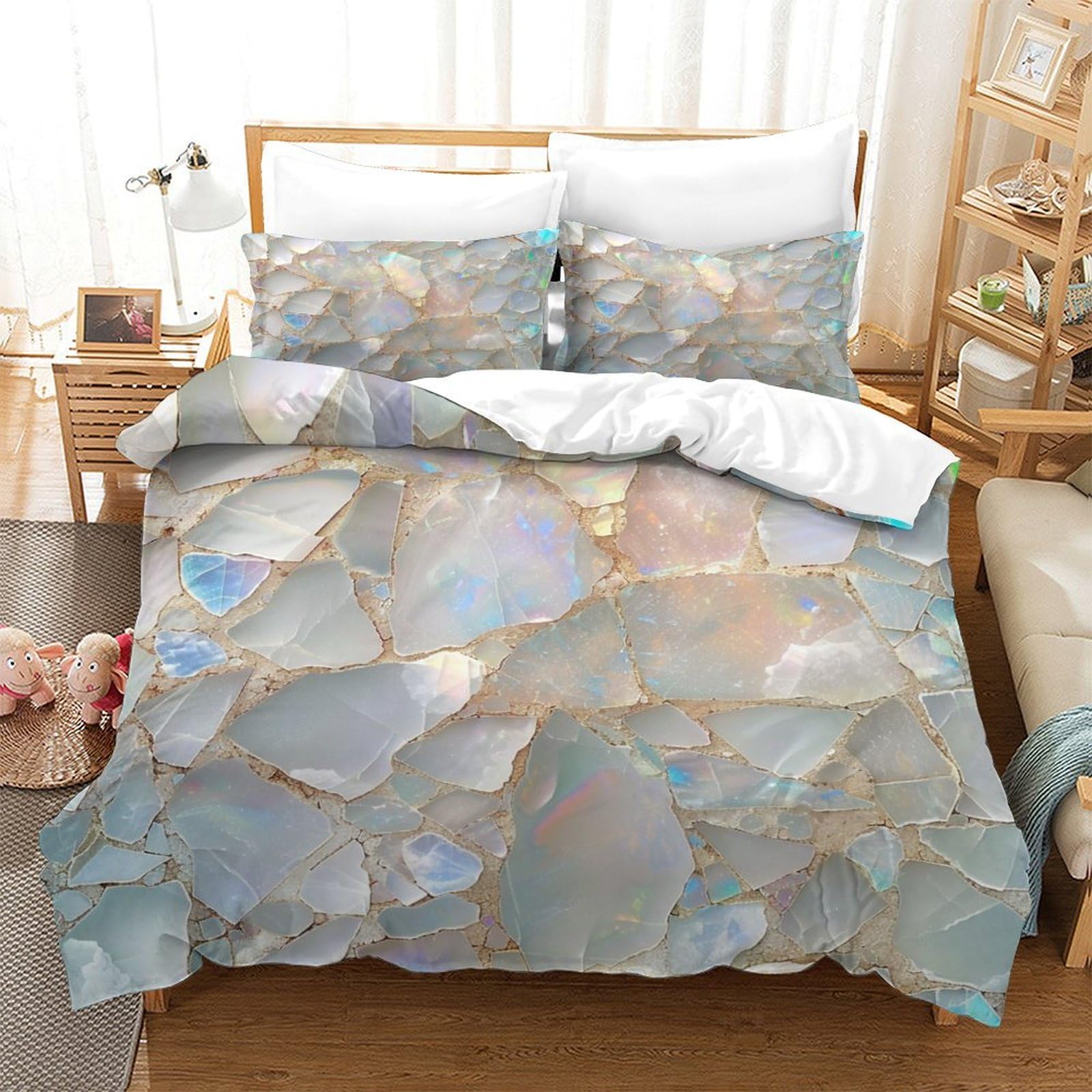 P1S9U7W5Y Geometric Crystal 3D Printed Duvet Cover Set 3pcs Microfiber Iridescent Bedding Set Soft Breathable King（220x240cm）