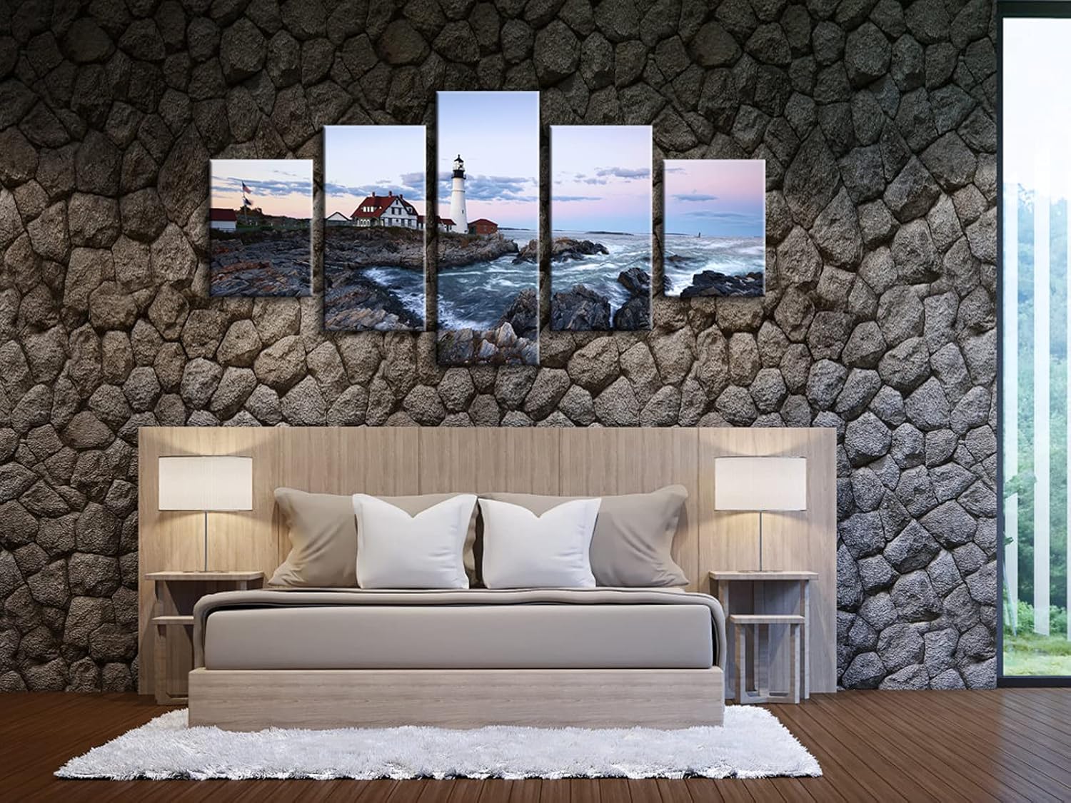 Wieco Art Large Canvas Prints Wall Art Portland Lighthouse Landscape Pictures to Photo Paintings for Kitchen Bathroom Home Decoration Wall Decor 5 Panels Modern Gallery Wrapped Seascape