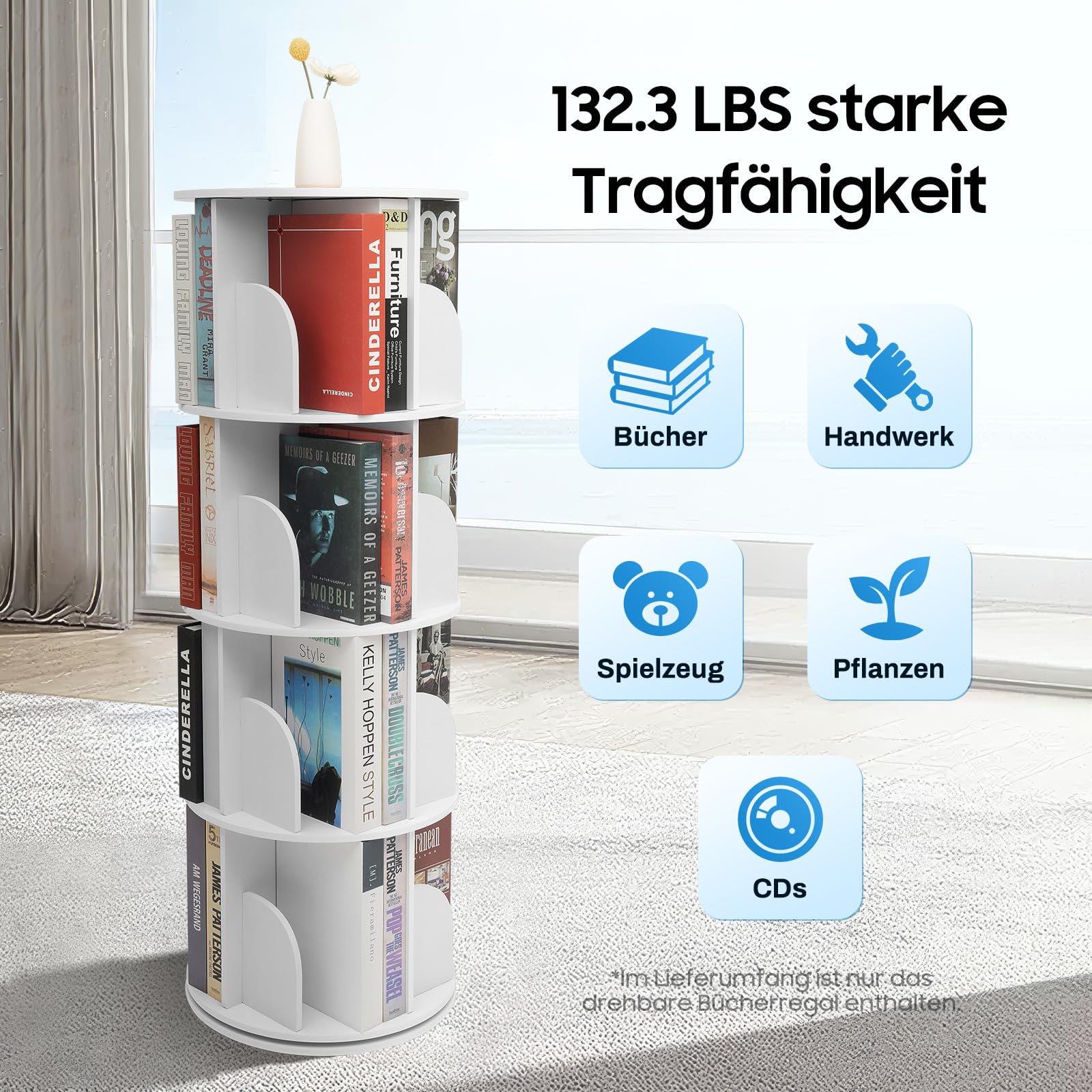 Libreria girevole a 360° a 4 livelli, 39,5 x 115,5 cm, bianco, con 16 scomparti, salvaspazio, portata 60 kg, per soggiorno, cameretta dei bambini e ufficio