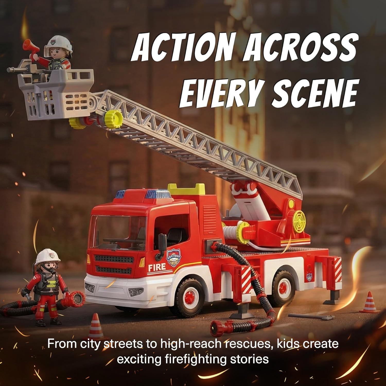 Toy Ladder Fire Truck Toy – Firefighter Fire Truck with Extendable Fire Ladder, Toy Truck for Kids, Perfect Firefighter Gift for Pretend Play Fun